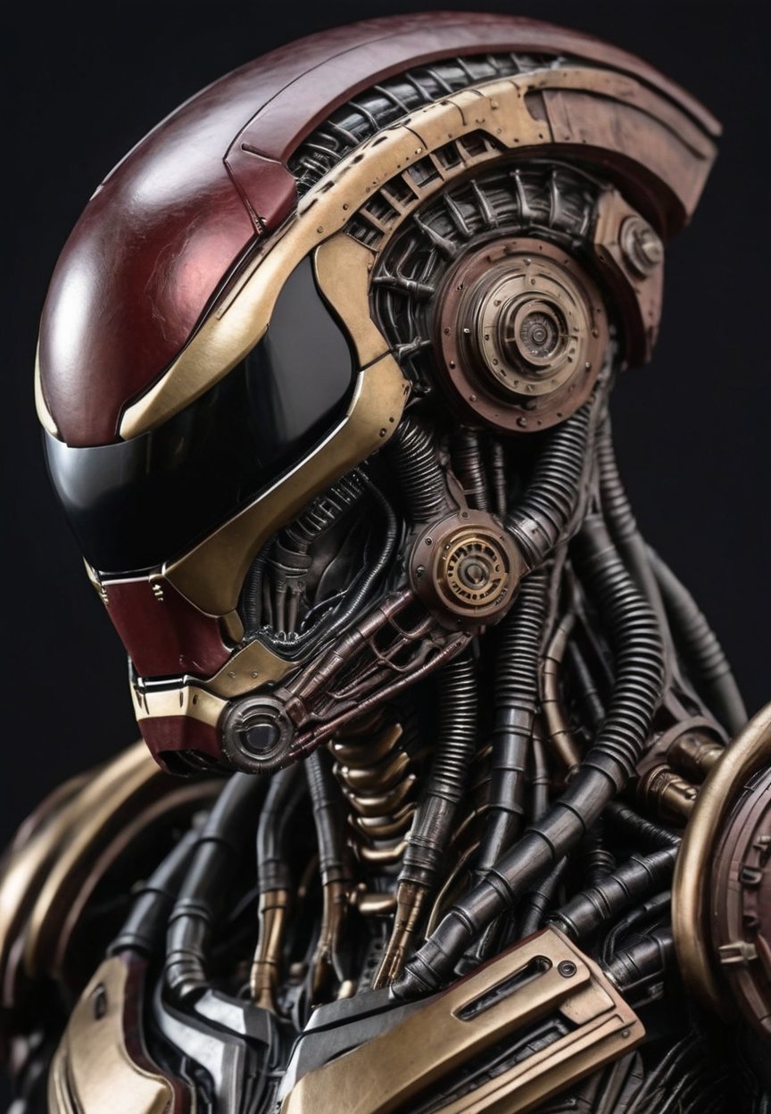 Ultra realistic xenomorph ironman in steampunk style, surface scratches