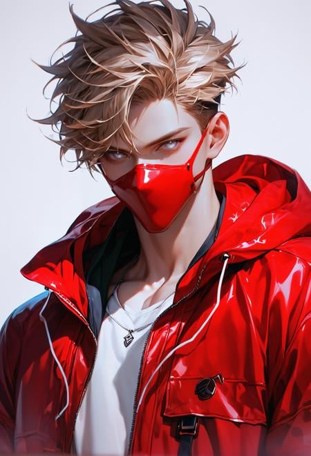 score_9, score_8_up, score_7_up, i want the whole image to be created in 3D anime style,  solo, looking at viewer, 1boy, jacket, upper body, male focus, hood, open jacket, hoodie, mask, hooded jacket, red jacket, hood up, white eyes