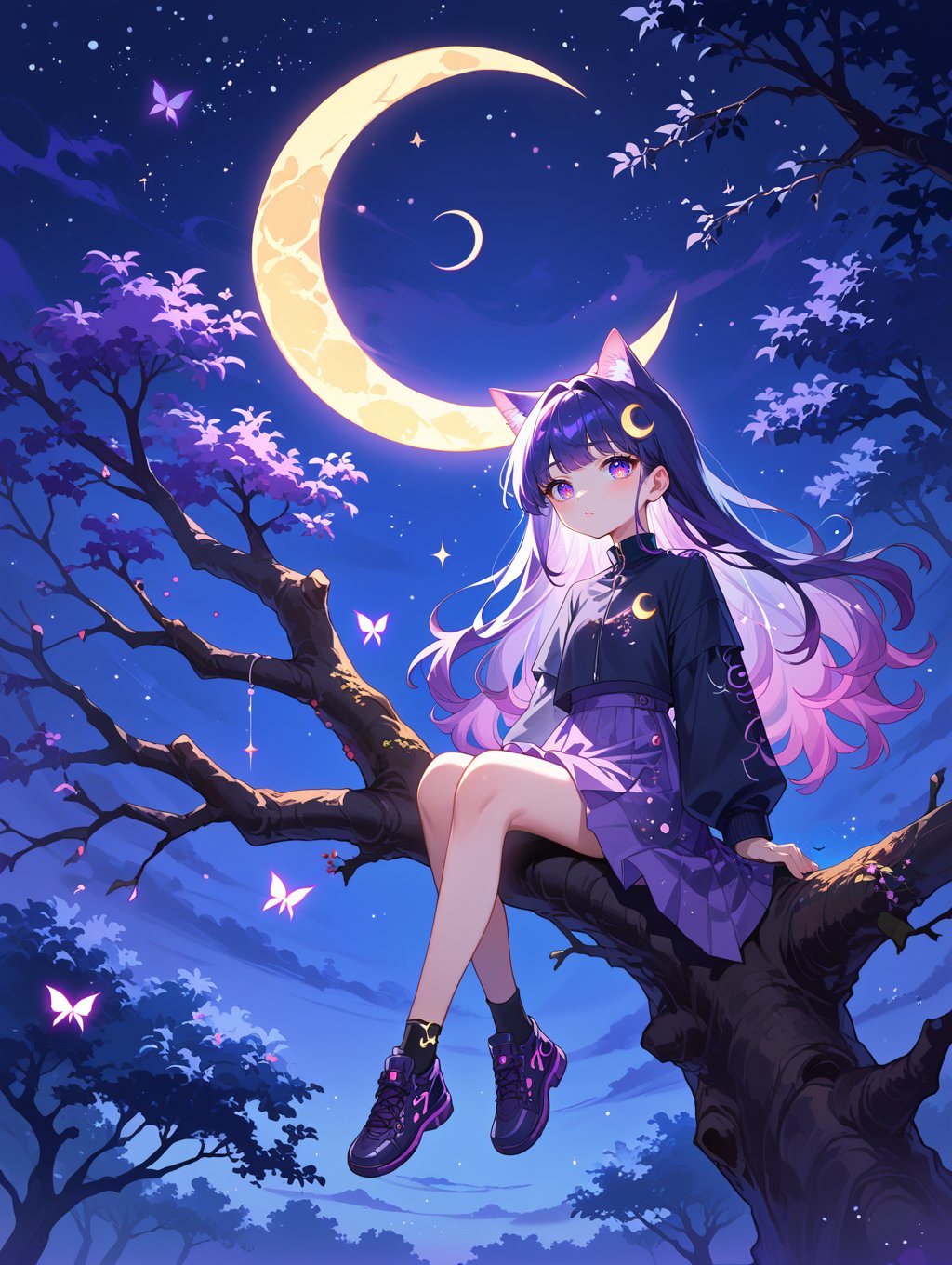 score_9, score_8_up, score_7_up,source_anime,1girl,mixed Korean,Kpop idol, Surreal night scene,silhouette of a cat sitting on a tree branch,crescent moon in the sky,purple hues,starry night,dreamlike atmosphere,glowing edges,mystical,high contrast,ethereal light,