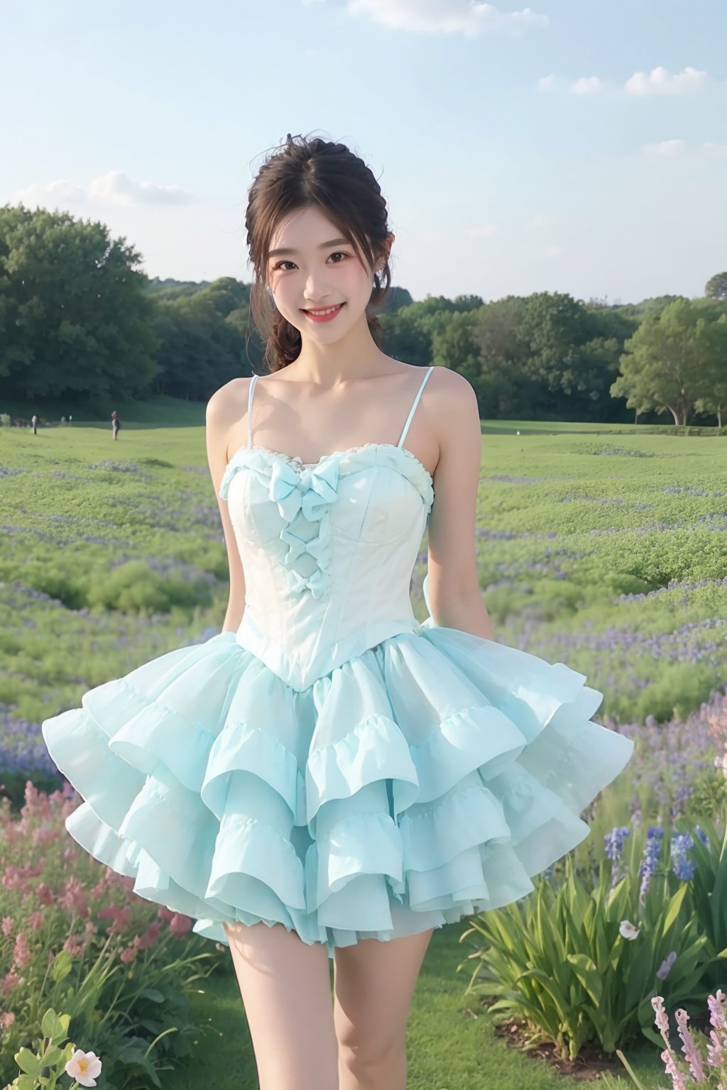 1girl,solo,looking_at_viewer,(arms_behind_back:1.2),(light blue princess dresses:1.1),smileFlower field<lora:EMS-345668-EMS:0.900000>