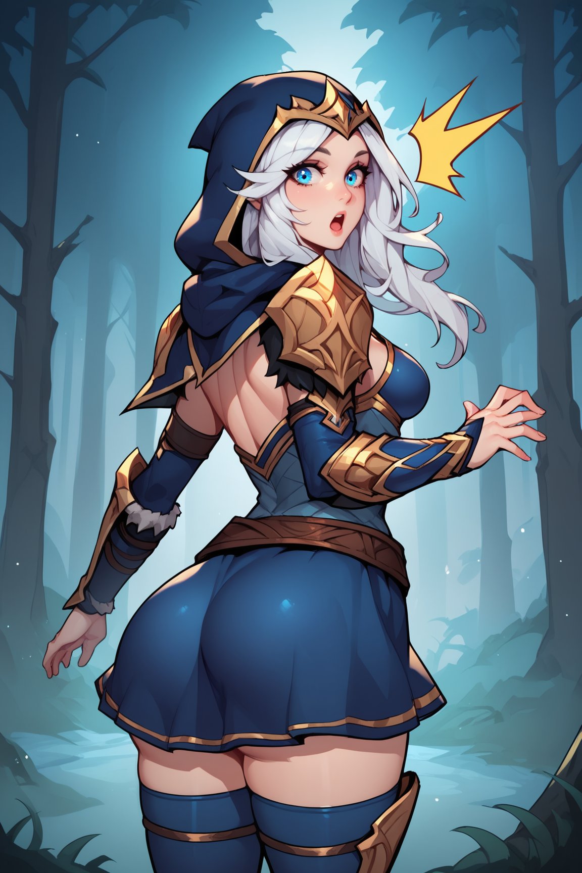 score_9, score_8_up, score_7_up, score_6_up, score_5_up, score_4_up, AsheLoLXL, blue eyes, white hair, long hair, parted bangs, blue hood, hood up, medium breasts, golden armor, shoulder armor, cleavage, blue dress, vambraces, brown belt, blue skirt, blue thighhighs, solo, standing, from behind, ass focus, big ass, ass, surprised, looking at viewer, forest, tree <lora:AsheLoLXL:0.8>