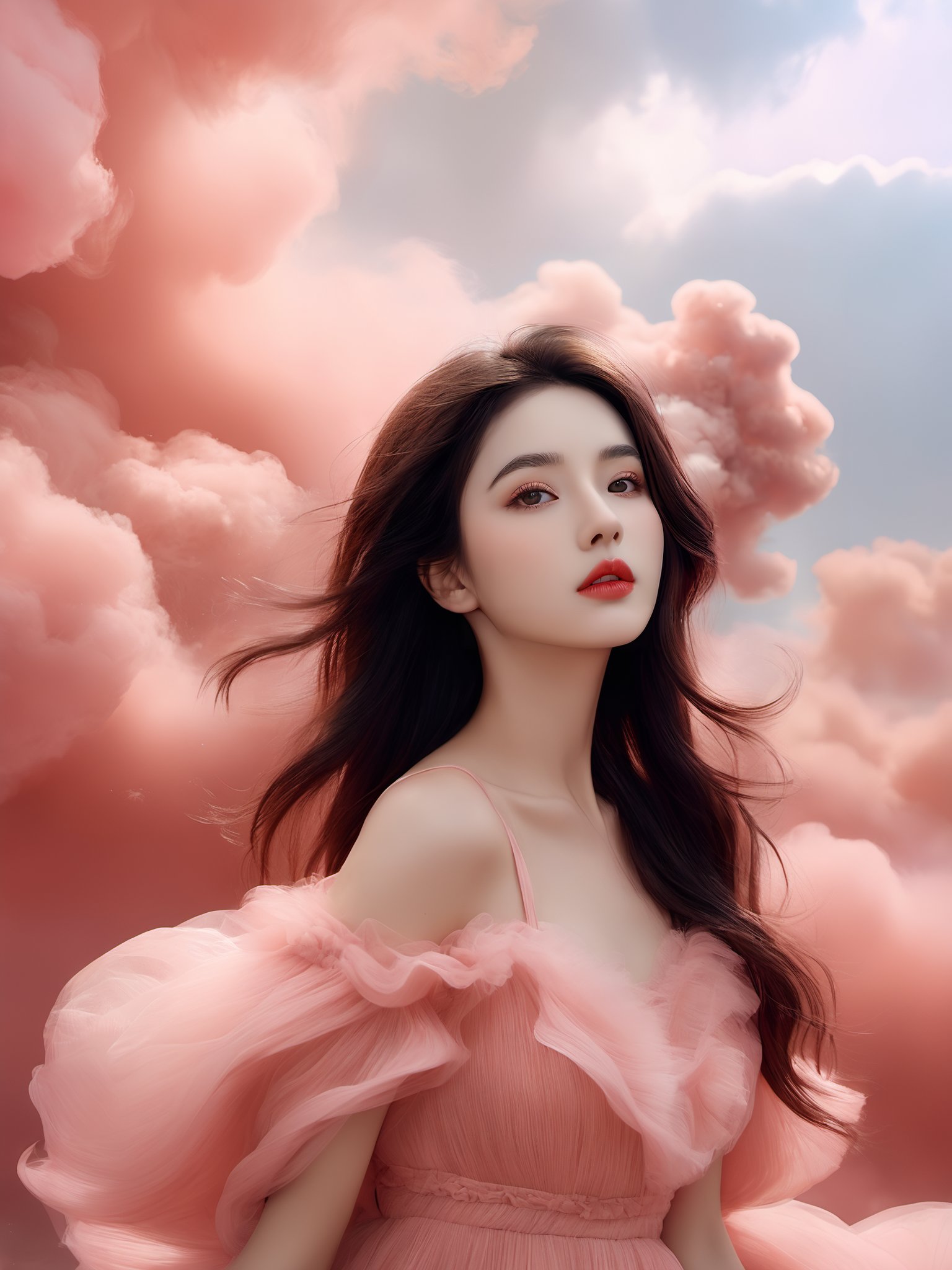 photorealistic,realistic,photography,masterpiece,best quality,ultra-detailed,extremely detailed CG unity 8k wallpaper,a beautiful girl, close mouth, red lips, beautifull face, full body, wearing dress, any pink smoke,cloud,pink dress, over viewer, <lora:JAY PINK CLOUD DRESS XL:0.8>, (best quality:1.3)