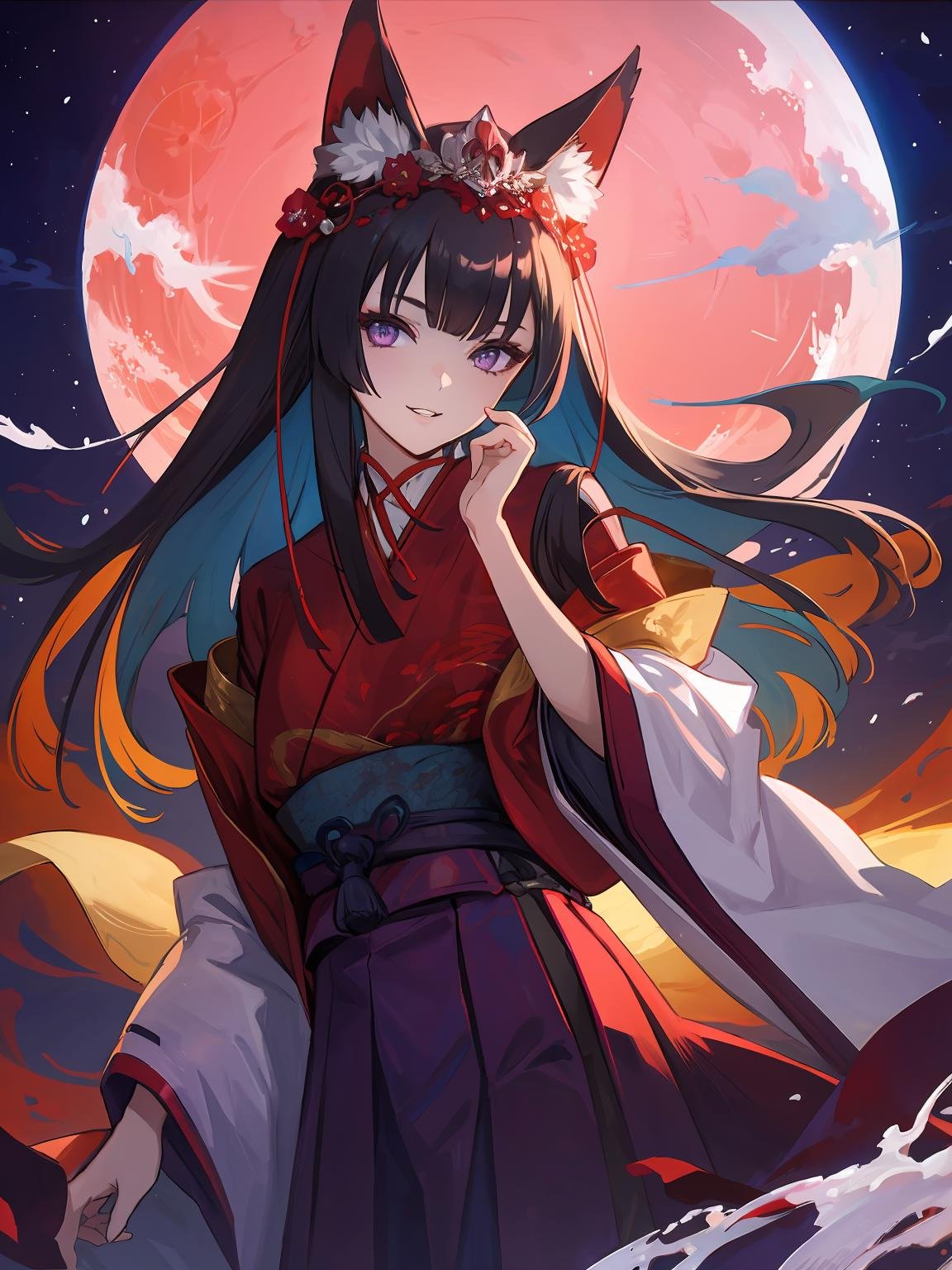 masterpiece,best quality,highres,cinematic lighting,dramatic angle,<lora:ShadowverseGinsetsuV7-000021:0.8>,1girl,animal ears,hair ornament,purple eyes,black hair,long hair,smile,parted lips,looking at viewer,japanese clothes,obi,wide sleeves,hand  on own cheek,red topwear,purple skirt,portrait,from below,moon,close-up