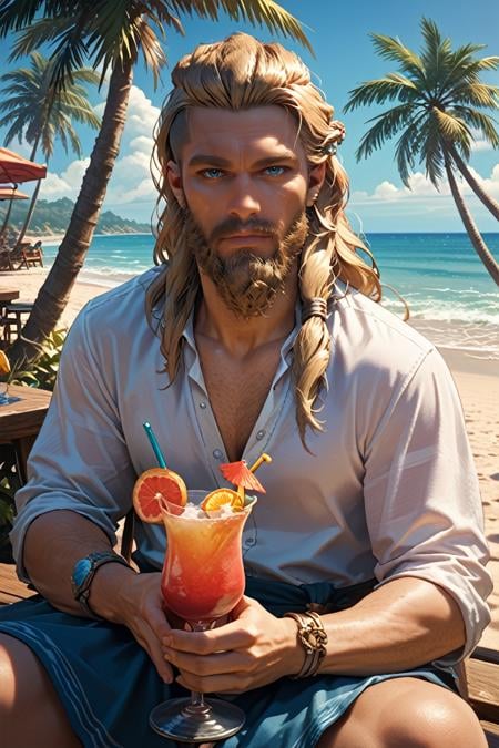 score_9, score_8_up, score_7_up, score_6_up<lora:ACMEivor:1.0>ACMEivor, 1boy, blonde hair, long hair, blue eyes, beard, looking at viewer, at a beach, holding a cocktail, palm trees, sand, ocean