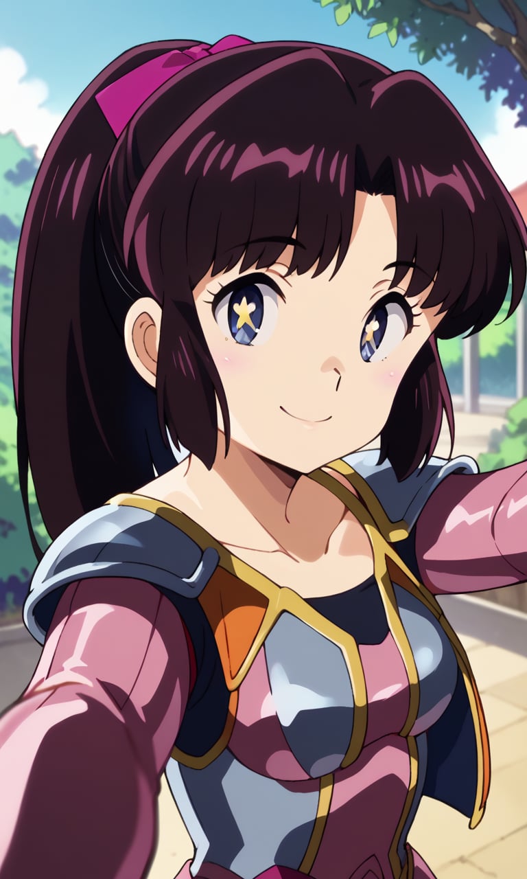 score_9, score_8_up, score_7_up,  <lora:asuka_mizunokoji:1>, urusei_asukaxl, armor, ponytail, blue eyes, symbol-shaped pupils, star \(symbol\), long hair, purple hair, black hair, two-tone hair, retroart style, 1980s \(style\), pov, selfie, smile, outdoors, school, nature, patio, 