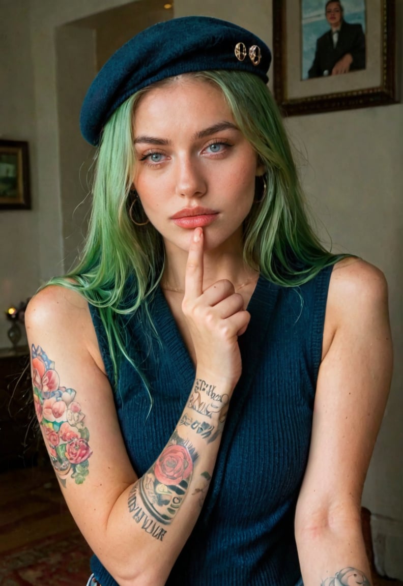 score_9,score_8_up,score_7_up BREAK 1girl,hipster,wool beret,sweater,neon green hair,vest,tattoos,highly detailed,detailed skin,depth of field,film grain,<lora:igbaddie-PN:0.8>.igbaddie