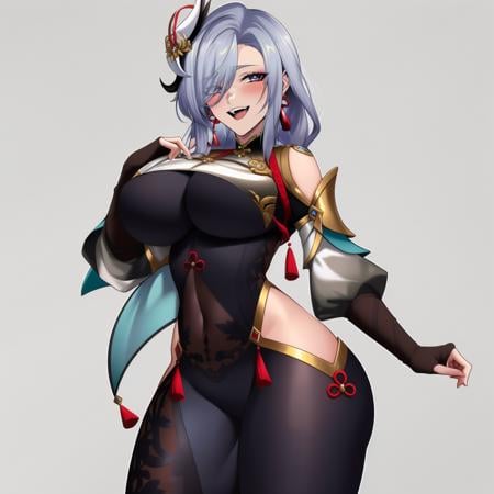 (masterpiece, best quality:1.3), Hz_666V, 1girl, solo, looking at viewer, blushing, wide hips, mature female, open mouth, grin, large breasts, full body, cowboy shot, thick thighs,  <lora:Hz_666V Style Lora:.85>, shenhe \(genshin impact\), grey hair, long hair, hair ornament, hair over one eye, blue eyes, earrings, braided ponytail, puffy sleeves, gold trim, gloves, bodysuit, breast curtain, shoulder cutout, covered navel, hip vent, clothing cutout, tassel  <lora:shenhe:.8>