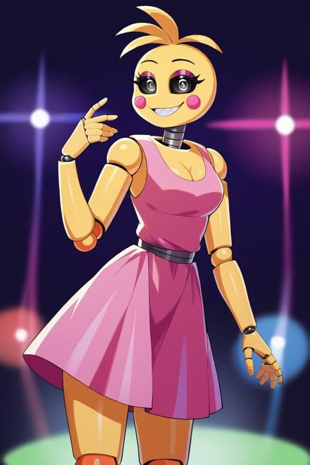 score_9, score_8_up, score_7_up, BREAK, 1girl, solo, <lora:toychica-guy-PONYv1:.9>, toychica, yellow skin, joints, robot, makeup, dress, cleavage, pink dress, stage, stage lights, depth of field, 