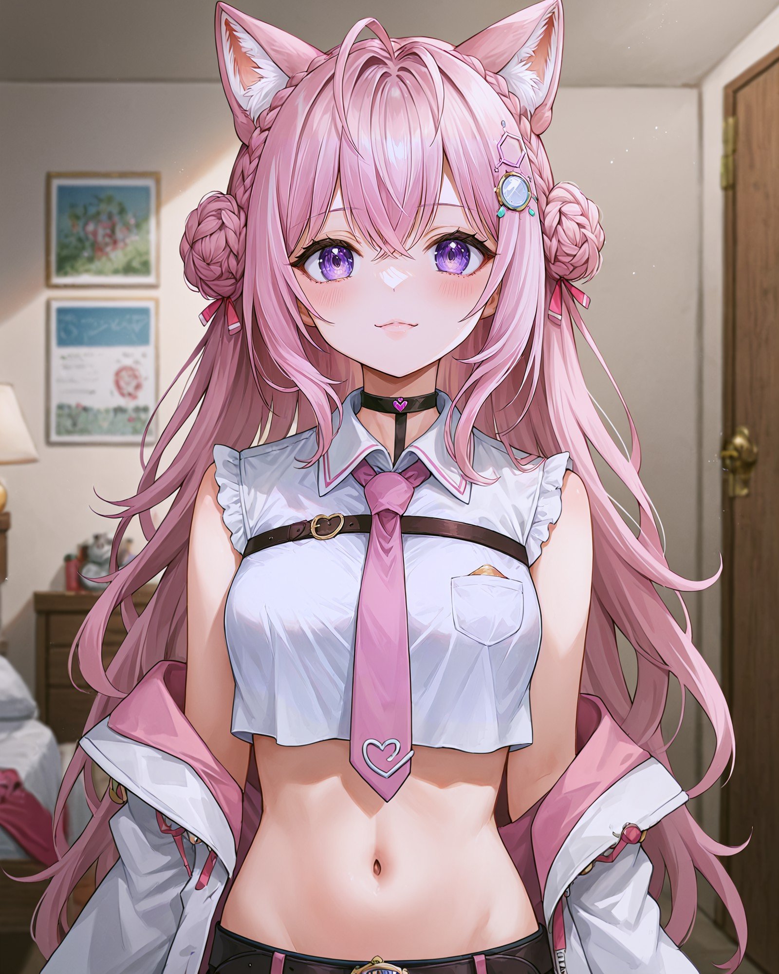 <lora:HOLOLIVE_Hakui_Koyori_XL:0.7> hakui koyori, purple eyes, pink hair, bangs, crossed bangs, hair between eyes, ahoge, braid, hair ornament, animal ears, animal ear fluff, tail, long hair, very long hair, hair bun, double bun, braided bun, crown braid, hexagon, choker, black choker, necktie, pink necktie, shirt, white shirt, collared shirt, crop top, crop top overhang, fingernails, nail polish, pink nails, watch, pocket watch, midriff, navel, belt, upper body,, <lora:9_Detail_Tweaker_XL:0.8>, score_9, score_8_up, score_7_up, source_anime, masterpiece, best quality, highly detailed background, cinematic lighting, detailed eyes, perfect face,, lazy, teenager room, messy, bedroom, bed sheet, closet,