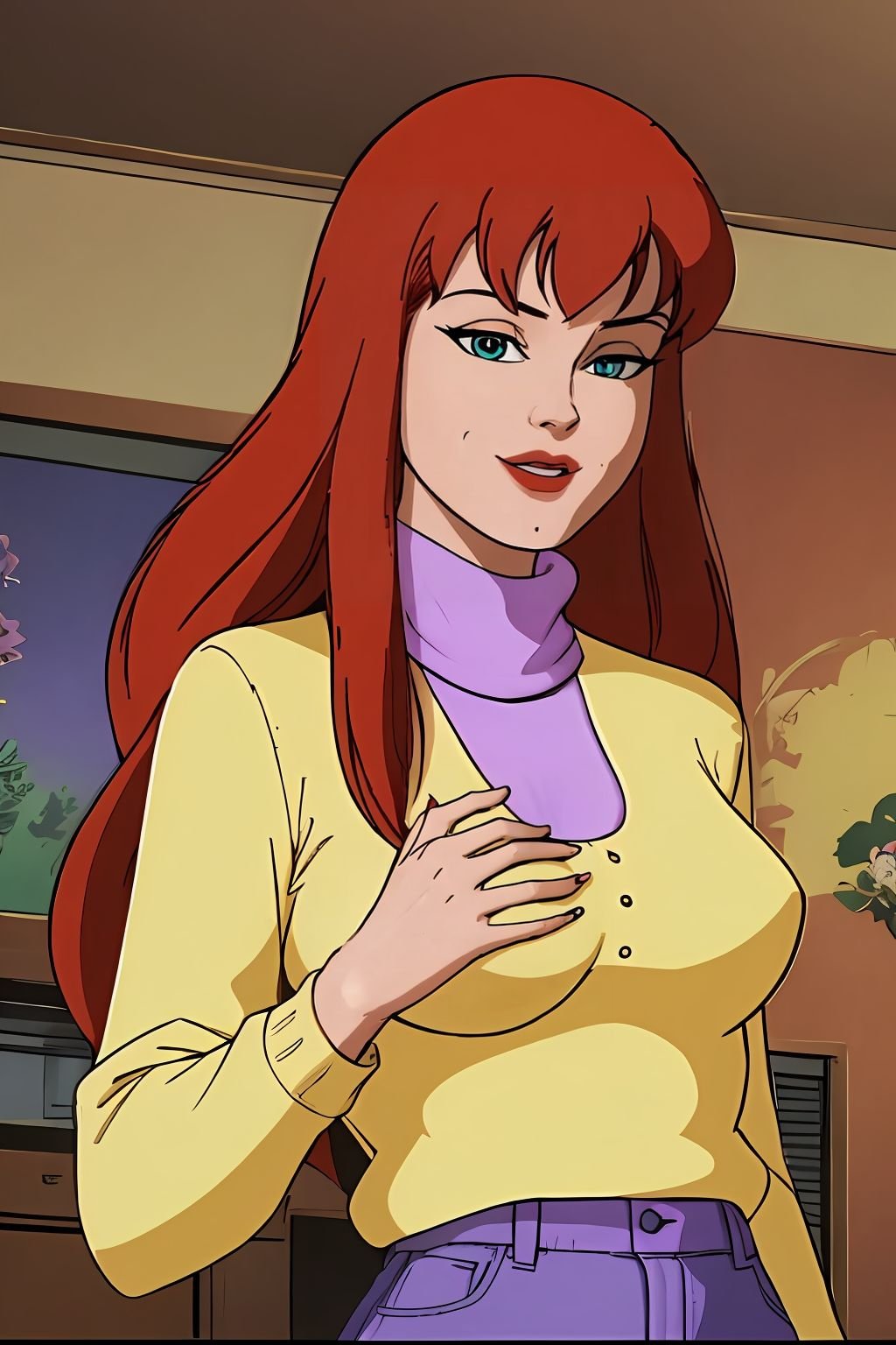 absurdres, mary jane watson, upper body, yellow sweater with purple turtleneck <lora:Mary Jane Watson_v1:1>