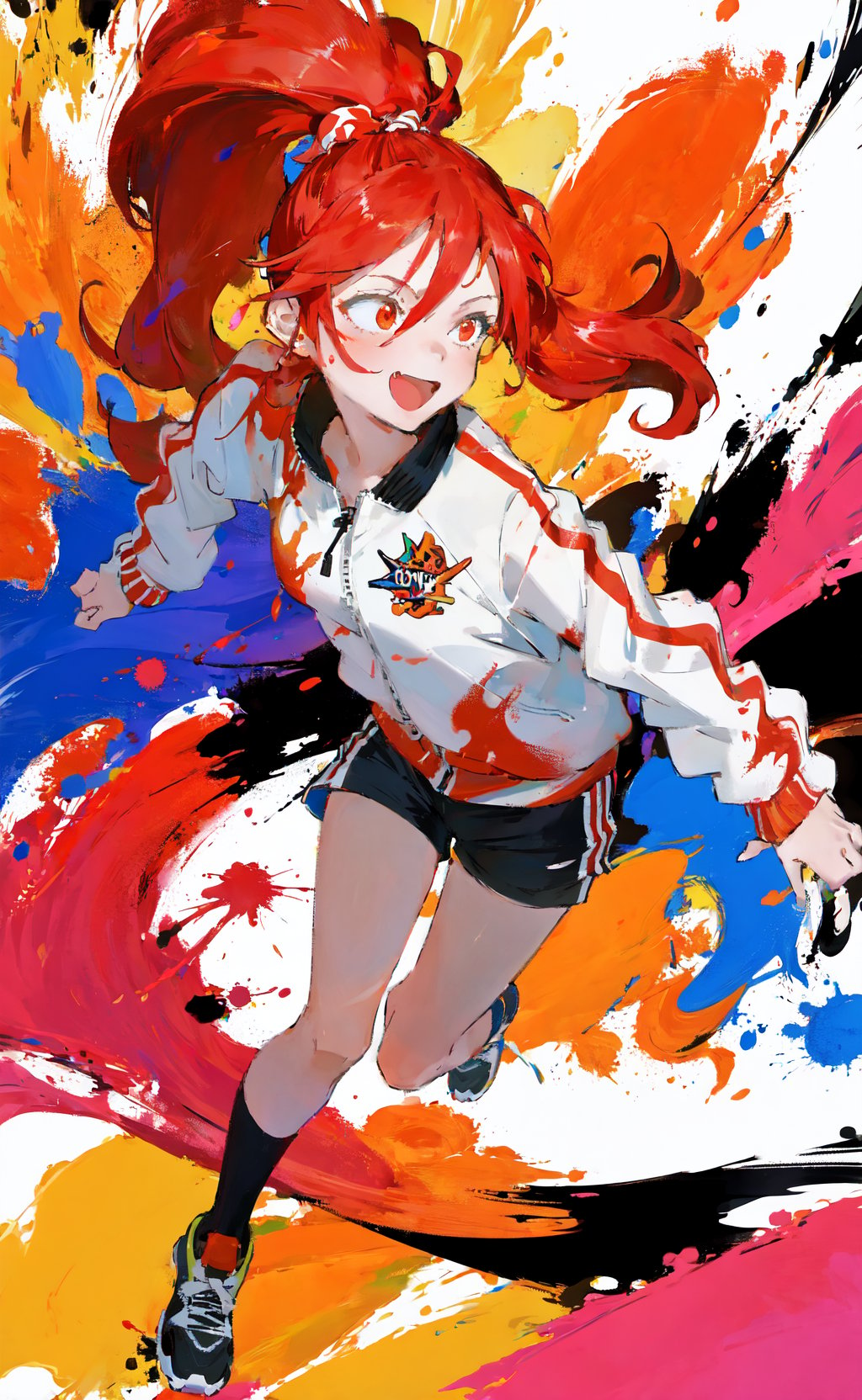 masterpiece, best quality, 1girl, red ponytail, long hair, oversized track jacket, shorts, happy, fun, paint splatter, paint, dynamic, colorful, swirl, swirling, abstract, expressive, simple background
