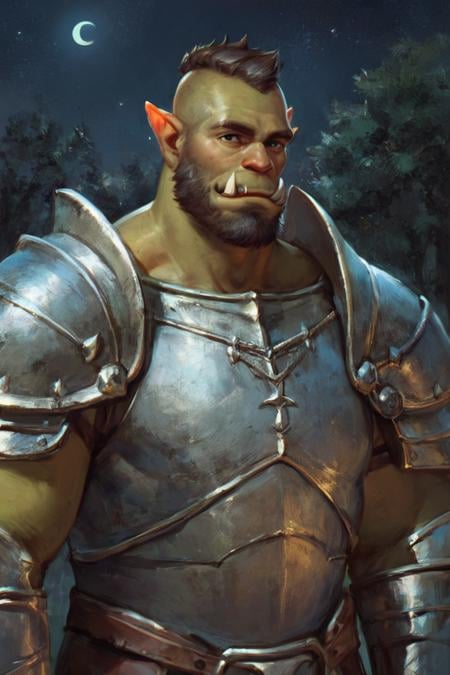 score_9, score_8_up, score_7_up, solo, male focus, mature male, orc, green skin, tusks, beard, outdoors, armor, looking at viewer, shoulder armor, breastplate, upper body, closed mouth, pauldrons, night, night sky, standing <lora:Cold Oil Gothic Style SDXL_LoRA_Pony Diffusion V6 XL:1>