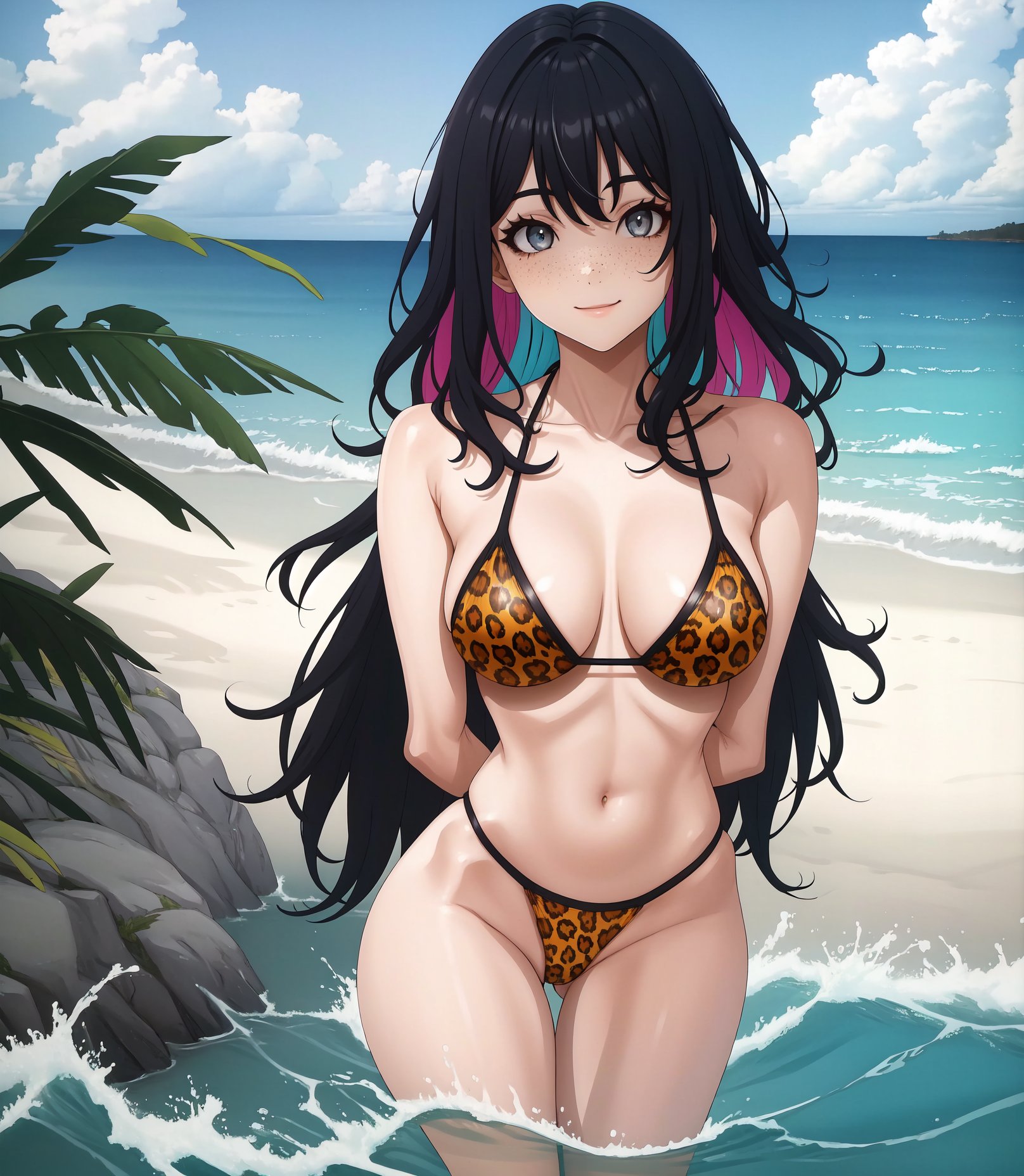 masterpiece, best quality, very aesthetic, ultra detailed, intricate details, 4k, anime style,leopardb, 1girl, solo, long hair, smile, grey eyes, eyelashes, green hair, multicolored hair, two-tone hair, chain, white hair, black hair, freckles,navel, cleavage, swimsuit, bikini, animal print, micro bikini, yellow bikini, highleg bikini, leopard print, gegera, upper body, arms behind back, looking at viewer, outdoors, ocean, water, waves, beach, <lora:Leopard:1>, <lora:LoRA_Gegera_Style:1>,