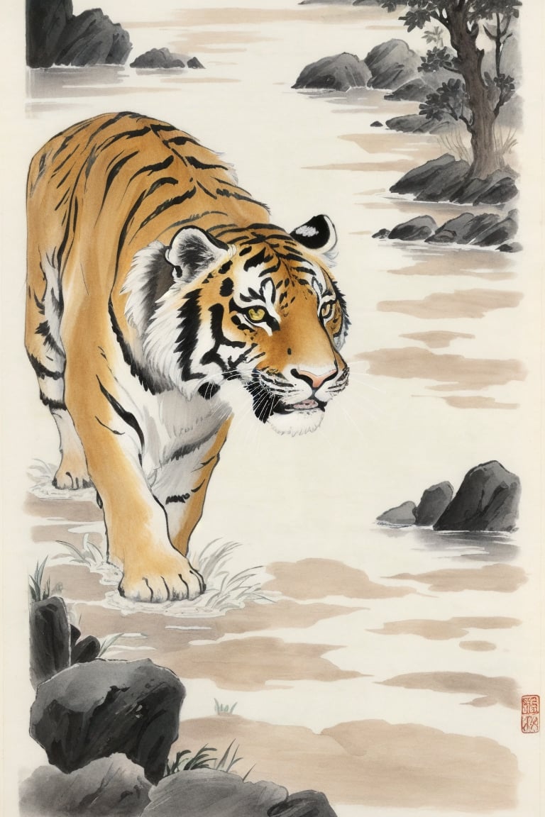 ((HRD, HUD, 8K)),((masterpiece, best quality)), highly detailed, soft light,InkAndWash, no humans, tiger, animal focus, year of the tiger, animal, yellow eyes, traditional media, fine art parody, parody,  <lora:20240415-1713175931242:0.8>