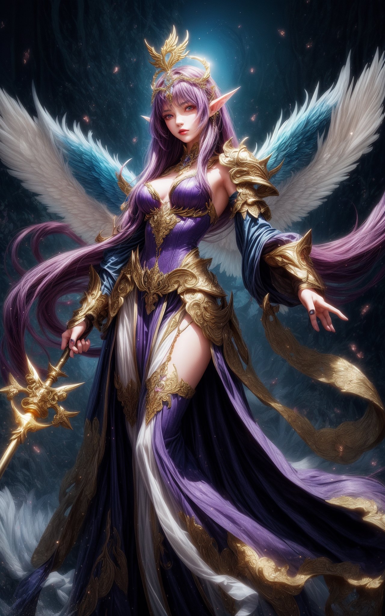 a digital artwork of a fantasy character. The character appears to be a female with a humanoid form, but with several distinct features that suggest a mythical or otherworldly nature. She has large, feathered wings that are predominantly purple and blue, with gold accents. Her attire is a combination of armor and flowing fabric, with a golden breastplate and a skirt that seems to be made of a similar material.The character is holding a staff or weapon with a purple and gold design, which complements her overall aesthetic. She is adorned with a headpiece that has a golden halo-like structure, and her hair is styled in a way that flows with the design of her wings.The background is a dark, gradient color that fades from a deep purple at the top to a black at the bottom, which helps to highlight the character and her vibrant colors. There are also small, pinkish particles or sparks that seem to be emanating from her, adding to the magical or ethereal feel of the image.The overall style of the image is highly detailed and suggests a high level of artistic skill, with a focus on creating a visually striking and fantastical character.