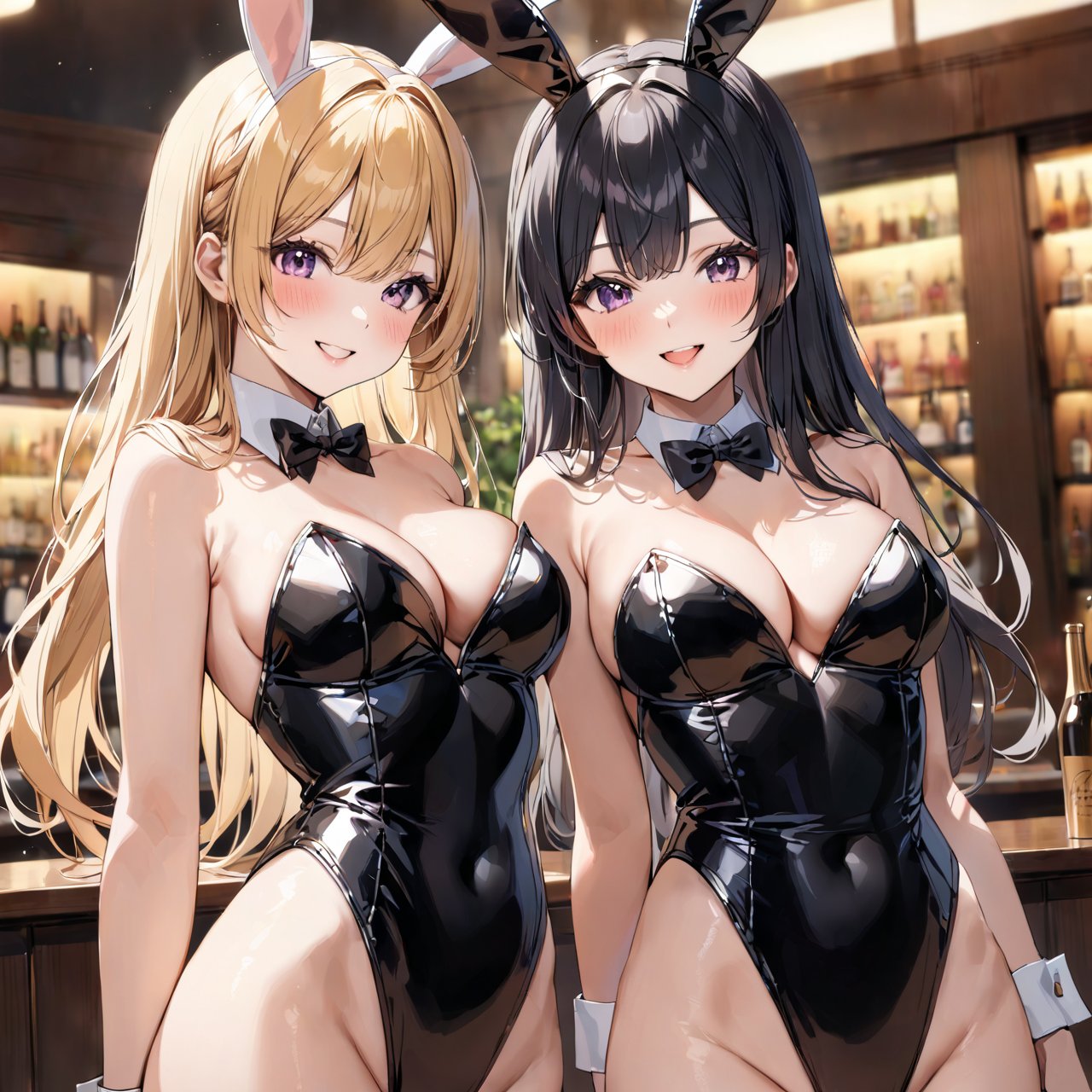 masterpiece,best quality,depth of field BREAK3girls,blonde hair,long hair,blush,black tailcoat playboy bunny,bunny,standing BREAK3girls,red hair,short hair,smile,pink playboy bunny,standing BREAK3girls,black hair, twintails,;d,gold playboy bunny,standing,