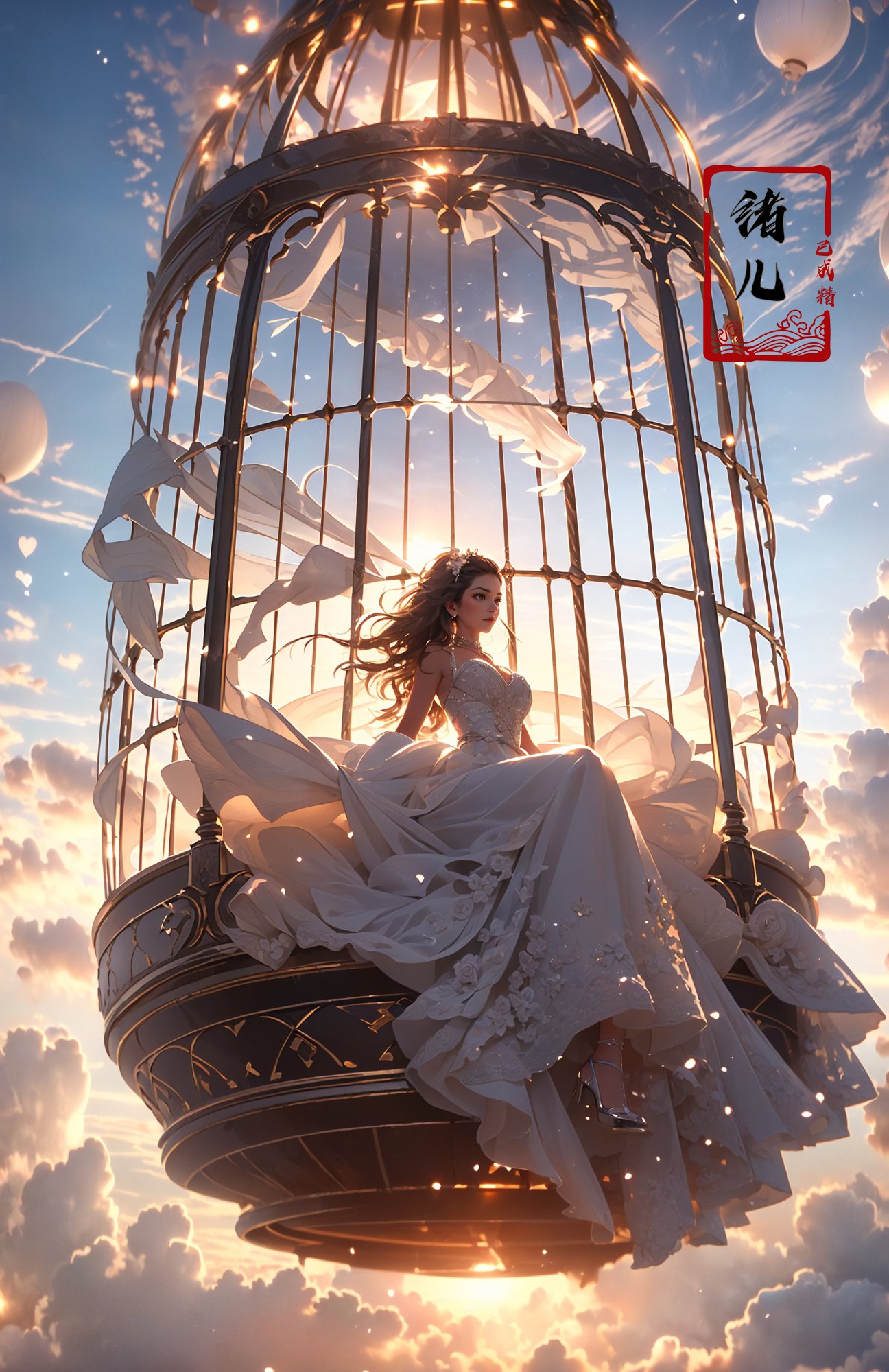 A beautiful woman with an angelic face on a hot air Huge birdcage, Huge birdcage drifts above above clouds, awed by the beauty below and, GoPro, motion blur, long exposure, full body, delicate features, high aesthetics and high art, immersed ina cinematic atmosphere, with an unreal portrait style, Paulina Washington, Chinese, realism, martial arts, Play light and shadow, Green light and shadow, Bauhaus photography, 28mm fantasy landscape, Camille Cloud, Selective focus, Panorama，(dramatic, gritty, intense:1.4),masterpiece, best quality, 32k uhd, insane details, intricate details, hyperdetailed, hyper quality, high detail, ultra detailed, Masterpiece,bridal veil，wedding dress，(Birdcage，Huge birdcage:1.4)，<lora:绪儿-热气球stage:0.8>