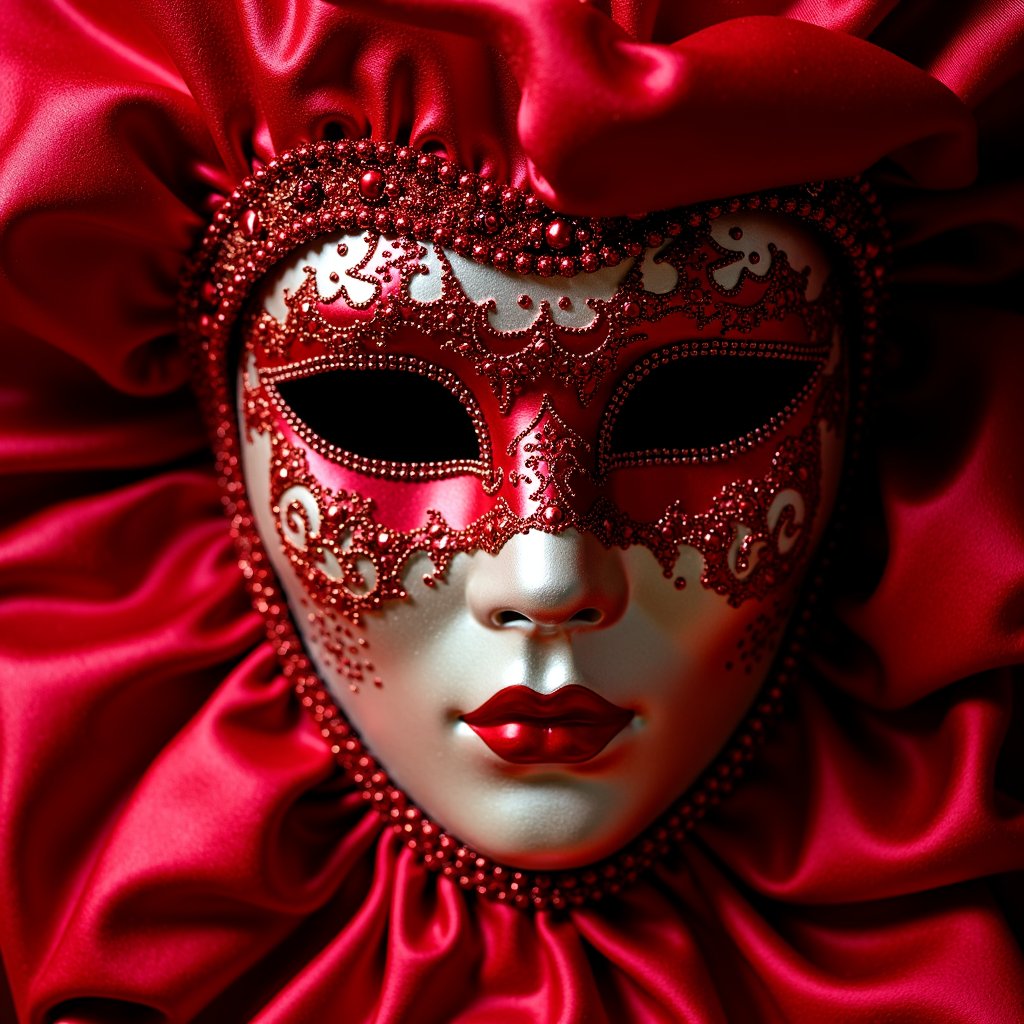 a close up of a red mask with red beads and hearts,masked,red adornments,( ( mask ) ),masks,carnival mask,masquerade mask,masked face,wearing a bejeweled mask,deep red background,dark red background,vampre the masquerade,the queen of hearts,drama masks,queen of hearts,masked heroes,mask,carneval,venetian red,theater mask,anonymous mask,masked person in corner,wearing mask,red adornements,super hero mask,from commedia dell'arte,gothic romance,love theme,carnival background,love is the most relevant theme,romantic themed,red color theme,fantasy blindfold,