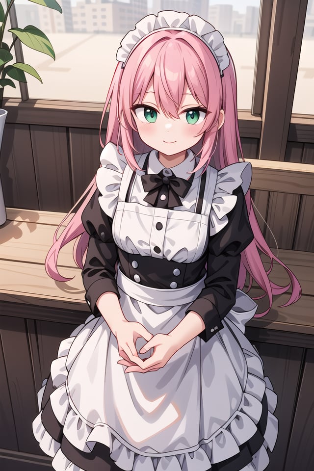 insanely detailed, absurdres, ultra-highres, ultra-detailed, best quality,1girl, solo, nice hands, perfect handsBREAK(cleavage:-1.5),(classical maid:1.2),apron, blush, bow, bowtie, frilled apron, frills, long sleeves, maid, maid apron, maid headdress, waist apron, white apron,(maid costume, maid hair dress:1.3), long skirtBREAKhappy smile, laugh, closed mouthBREAKfrom above,standing, cowboy shot, looking at viewerBREAKslender, kawaii, perfect symmetrical face, ultra cute girl, ultra cute face, ultra detailed eyes, ultra detailed hair, ultra cute, ultra beautifulBREAKin coffee shop, indoors, depth of field, ultra detailed backgroundBREAKmedium breastsBREAK(pink hair, dark green eyes), long hair, hair between eyes