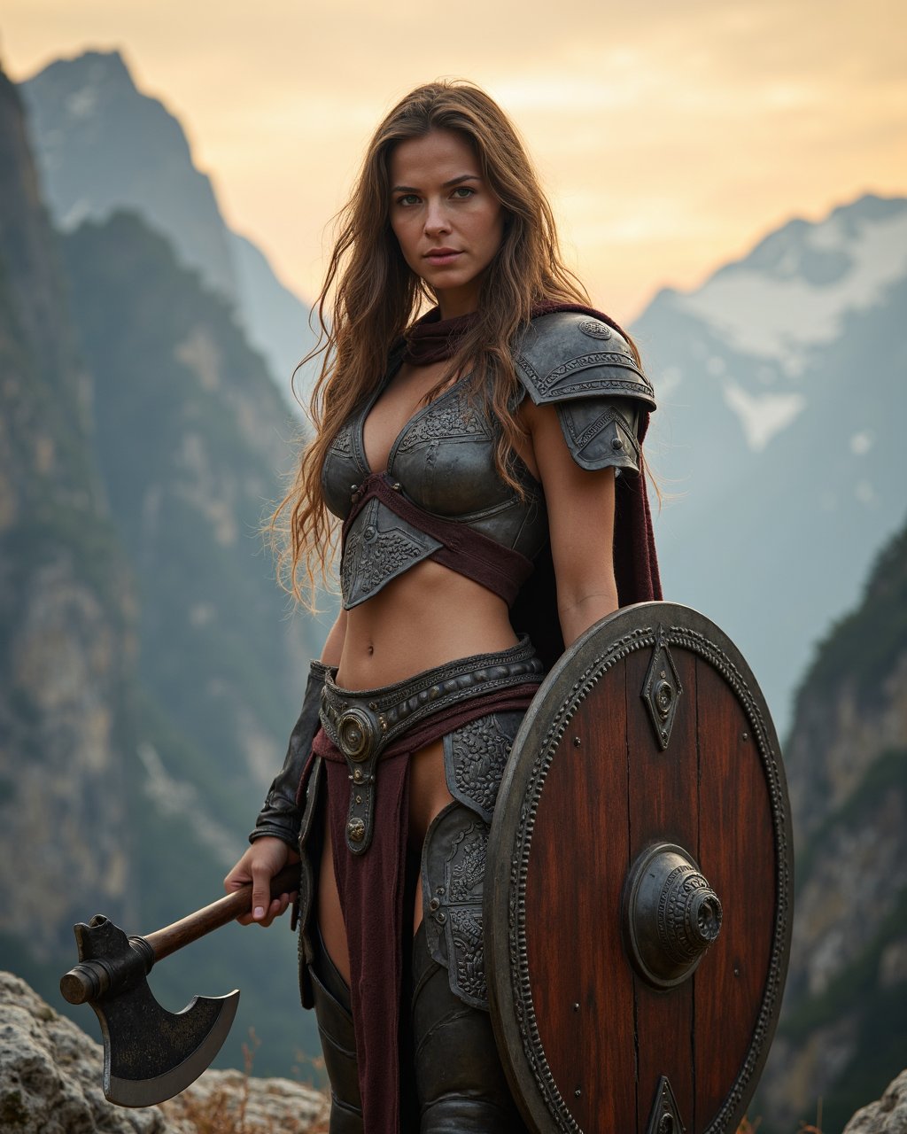 A beautiful Barbarian queen standing tall in a majestic mountainous landscape. She has long, flowing hair. Her eyes are fierce and determined, conveying strength and wisdom. She wears ornate armor made of leather and metal, decorated with intricate patterns. In one hand, she holds a mighty battle axe, and in the other, a ceremonial shield. Her presence is commanding and regal, blending beauty with an aura of invincibility. The backdrop includes towering mountains and a sky painted with the hues of dawn.