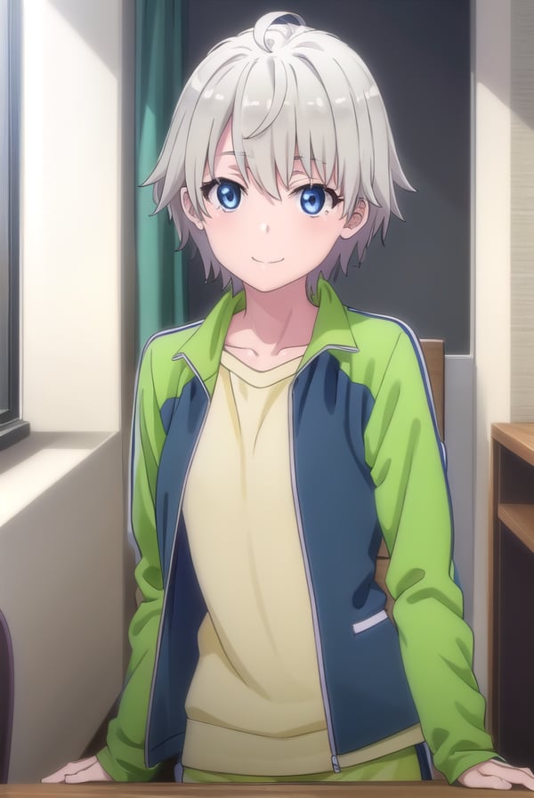 saikatotsuka, <lora:saika totsuka s2s3-lora-nochekaiser:1>,saika totsuka, blue eyes, ahoge, grey hair, male focus, smile,BREAK jacket, green jacket, shirt, white shirt, open jacket, shorts, green shorts, raglan sleeves,BREAK indoors, classroom,BREAK looking at viewer, (cowboy shot:1.5),BREAK <lyco:GoodHands-beta2:1>, (masterpiece:1.2), best quality, high resolution, unity 8k wallpaper, (illustration:0.8), (beautiful detailed eyes:1.6), extremely detailed face, perfect lighting, extremely detailed CG, (perfect hands, perfect anatomy),