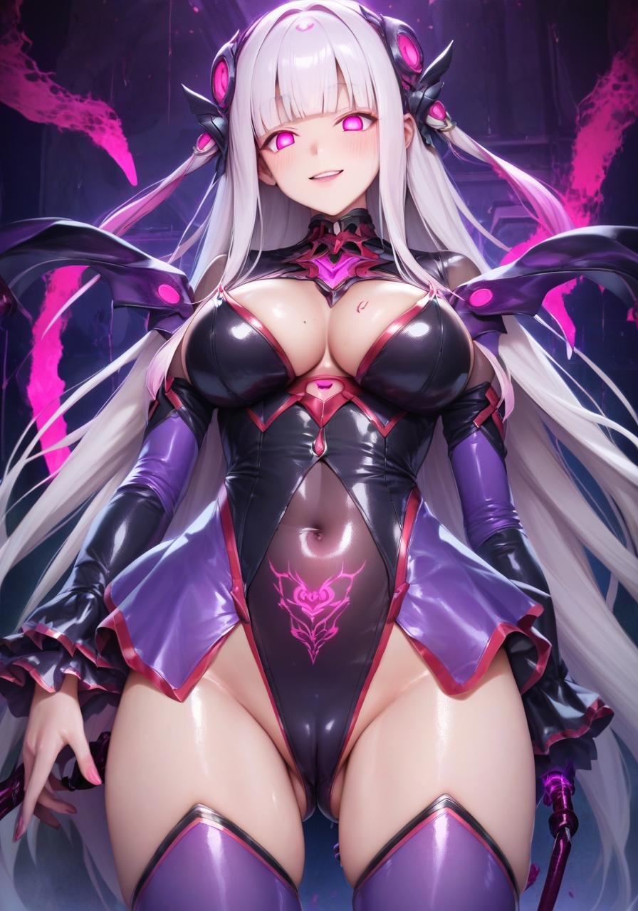 score_9, score_8_up, score_7_up,  source_anime, best quality, masterpiece, uncensored, rating_explicit BREAK1girl, standing, pov, anime face, corruption, curvy body, thick thighs, wide hip, detailed body,,perfect female anatomy,detailed eyes, gentle smile, long hair,sci-fi, mind control, brainwash, laboratory, purple theme, sexy, corruption bodysuit, see-through leotard, glowing red lines, many red lines on body, standing, look down, dark and evil theme, magical girl, corruption, blunt bangs, shiny skin,<lora:CorruptPonyXL-000003:1>