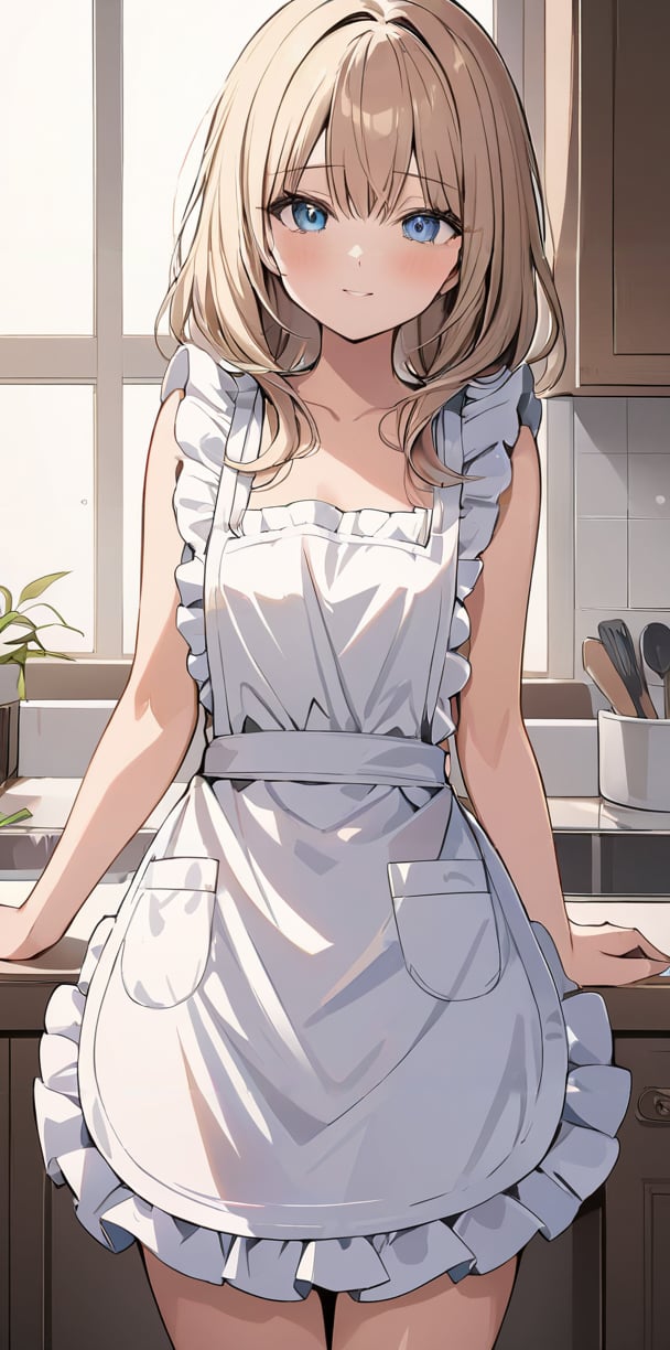 masterpiece,ultra-detailed,best quality,8K,illustration,cute face,clean skin ,shiny hair,girl,ultra-detailed-eyes,<lora:add-detail-xl:1>  <lora:apron_XL_V1.0:1> apron, frills,nude