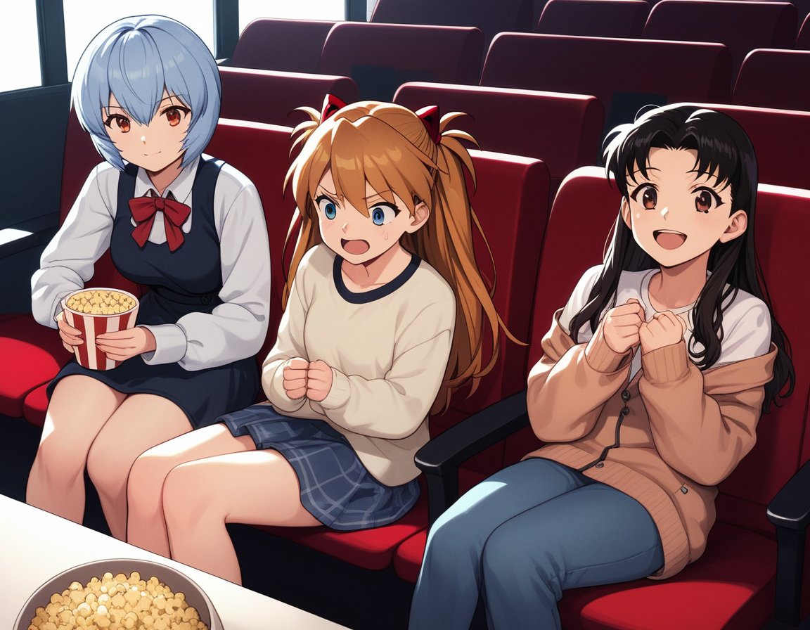 score_9, score_8, score_7, source_anime,rating_safe,3girls, movie theater, sitting, dark, indoorsBREAKayanami rei, smirk, popcornBREAKsouryuu asuka langley, shouting, looking at anotherBREAKkatsuragi misato, laughing