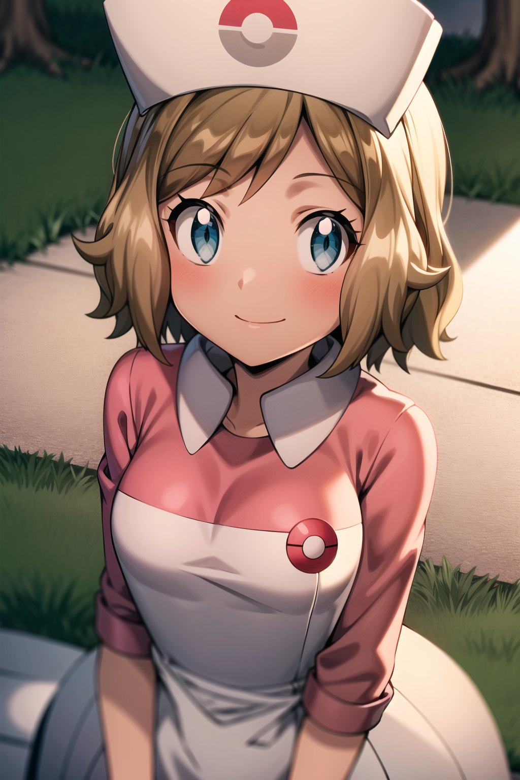 masterpiece, serenajoy, 1girl, solo, looking at viewer, smile, short hair, bangs, blue eyes, outdoors, hospital, brown hair, hat, closed mouth, from above, alternate costume, shiny, shiny hair, cosplay, eyelashes, white headwear, light brown hair, pink dress, nurse cap, collared dress, nurse, poke ball symbol, <lora:more_details:0.5>  <lora:Serena_Joy-12:0.7>