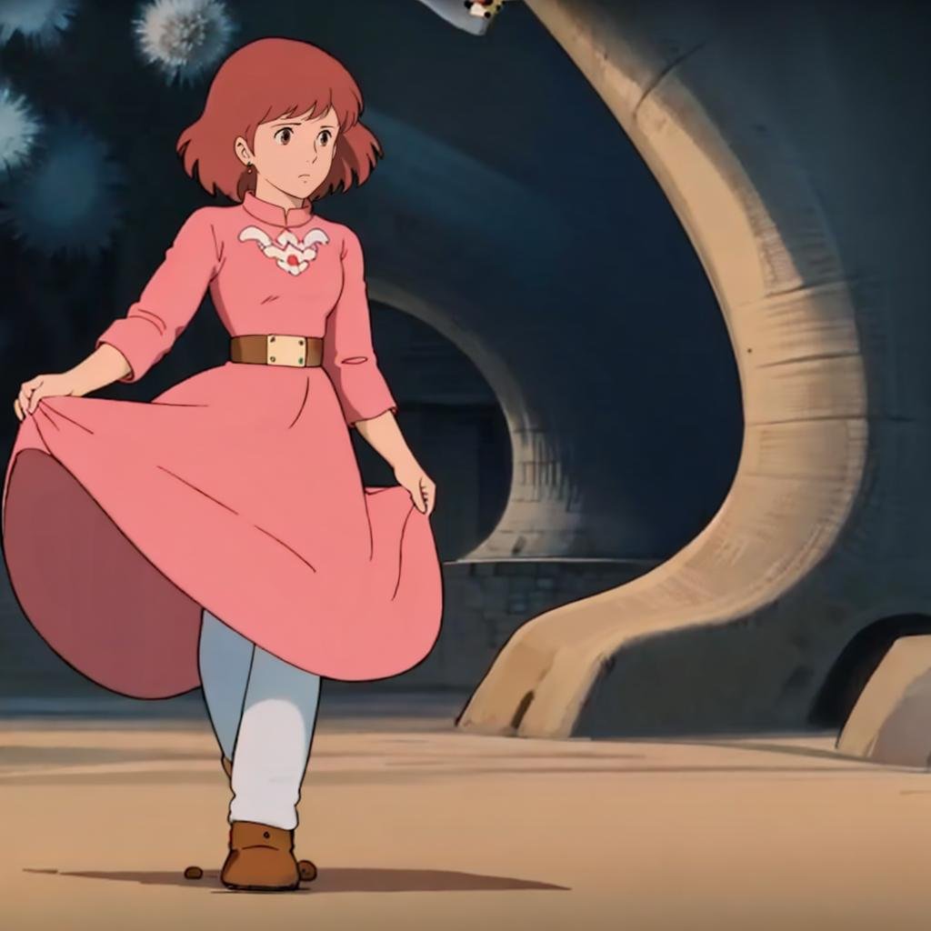 <lora:Nausicaa005:0.7>,Nausicaa,1girl,pink longdress,long_skirt,white pants,boots,brown footwear,nature,