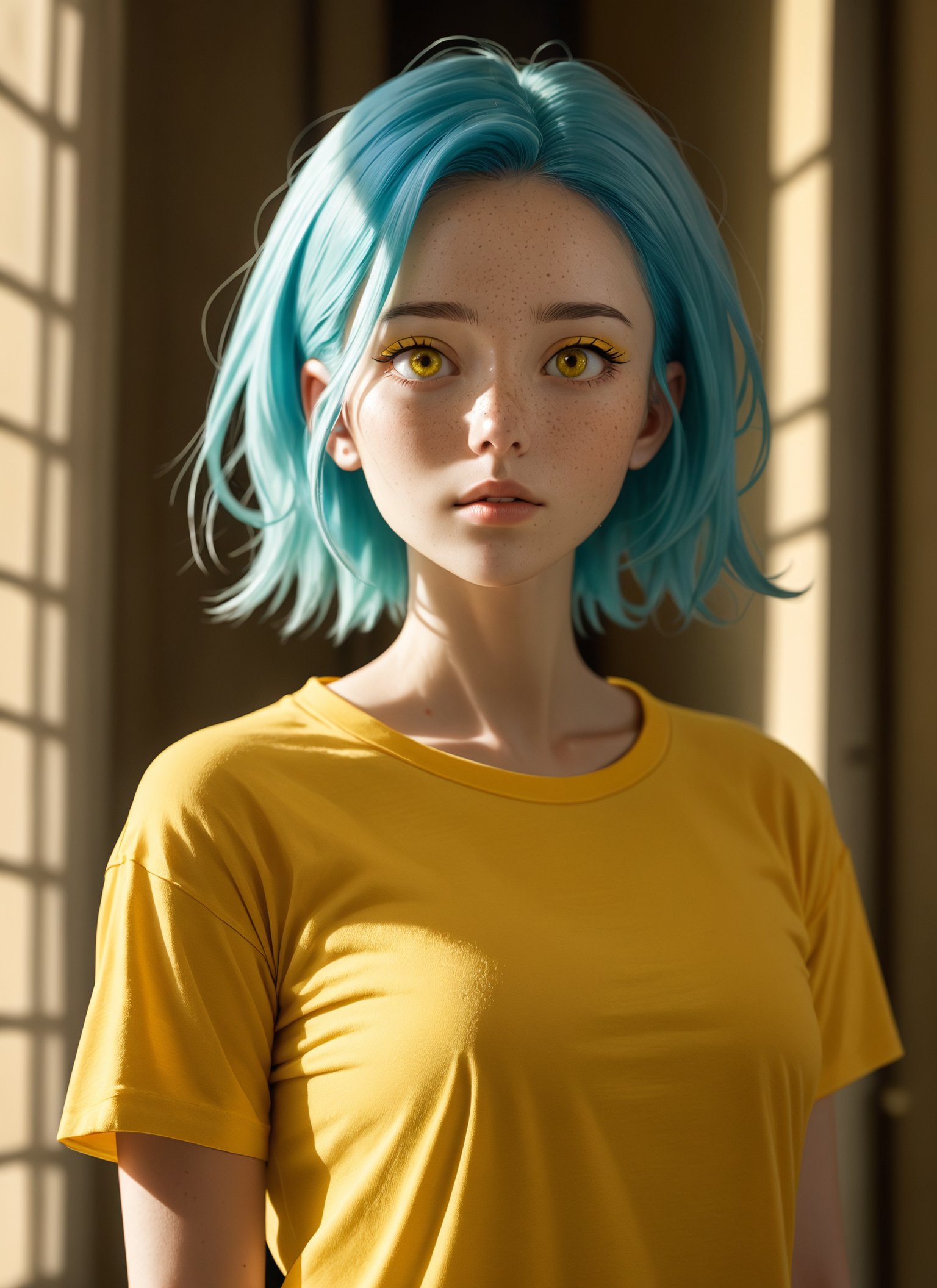 Medium low-angle photography, full body view, front view, (beautiful young woman with cyan hair:1.3), Rule of thirds composition, (wearing classic bright yellow t-shirt with rounded neck:1.5), wearing denim pants, Enigmatic allure, Freckled skin, (Hint of yellow eyeshadow:1.2), Contemplative look, Porcelain complexion, Quiet confidence, (Captivating presence:1.2), Soft and warm lighting, Graceful poise, sfw