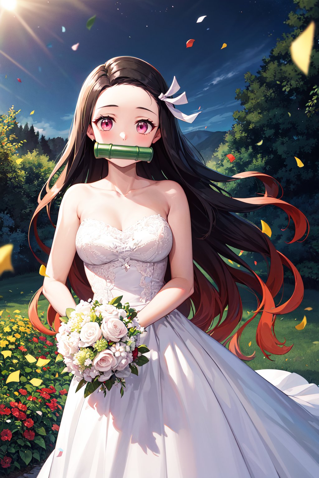 masterpiece, best quality, highres, aanezuko, long hair, multicolored hair, hair ribbon, bit gag, mouth hold, <lora:kamado_nezuko_v1:0.7>, wedding dress, white dress, holding bouquet, confetti, standing, cowboy shot, garden, night