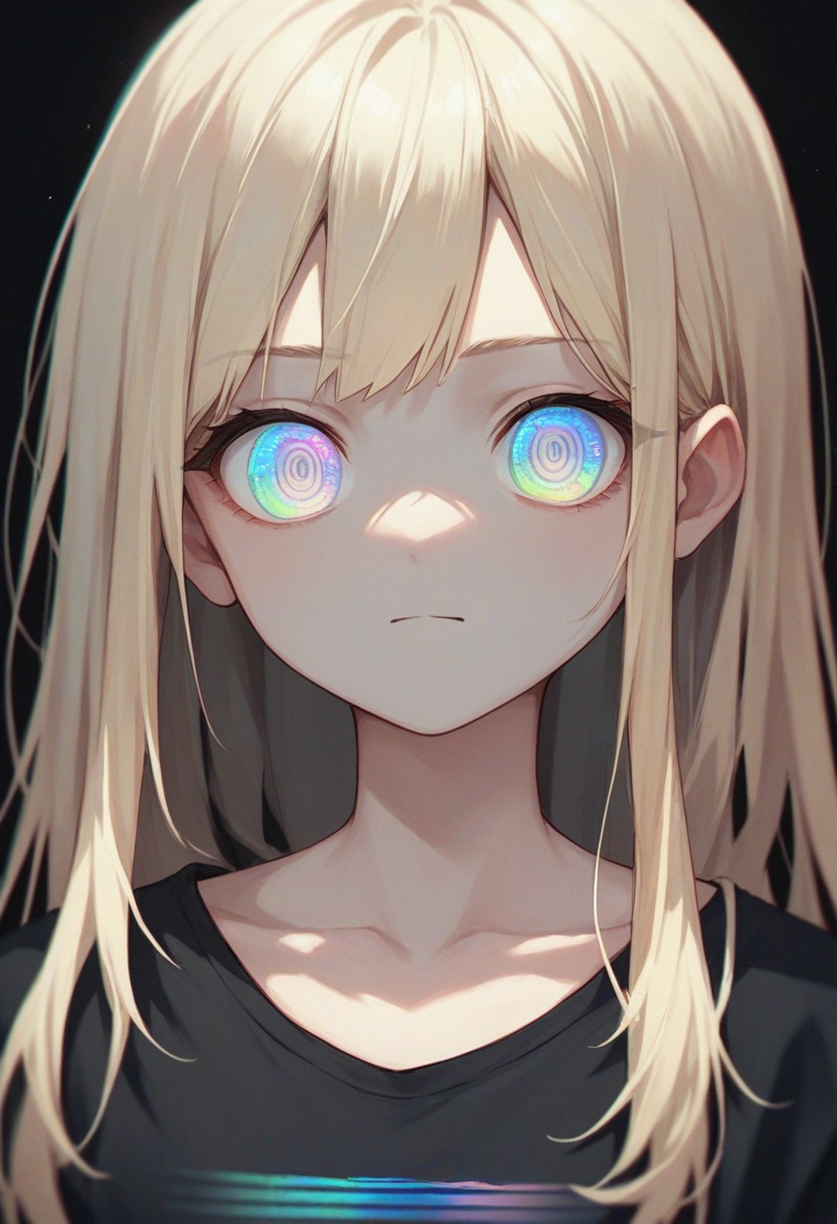 score_9, score_8_up, score_7_up, score_6_up, source_anime, <lora:holographic_v0.2-pony:1>1girl, upper body, looking at viewer, long hair, blonde hair, holographic eyes, black background, collarbone, black shirt,