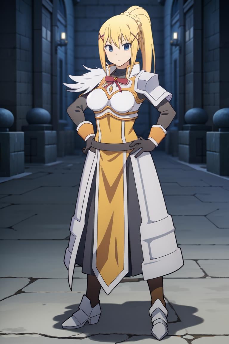 <lora:DarknessV2:0.7>1girl,solo,long hair,breasts,looking at viewer,blonde hair,hair ornament,gloves,ribbon,standing,full body,ponytail,boots,black gloves,armor,hand on hip,x hair ornament,shoulder armor,pauldrons,darkness (konosuba)