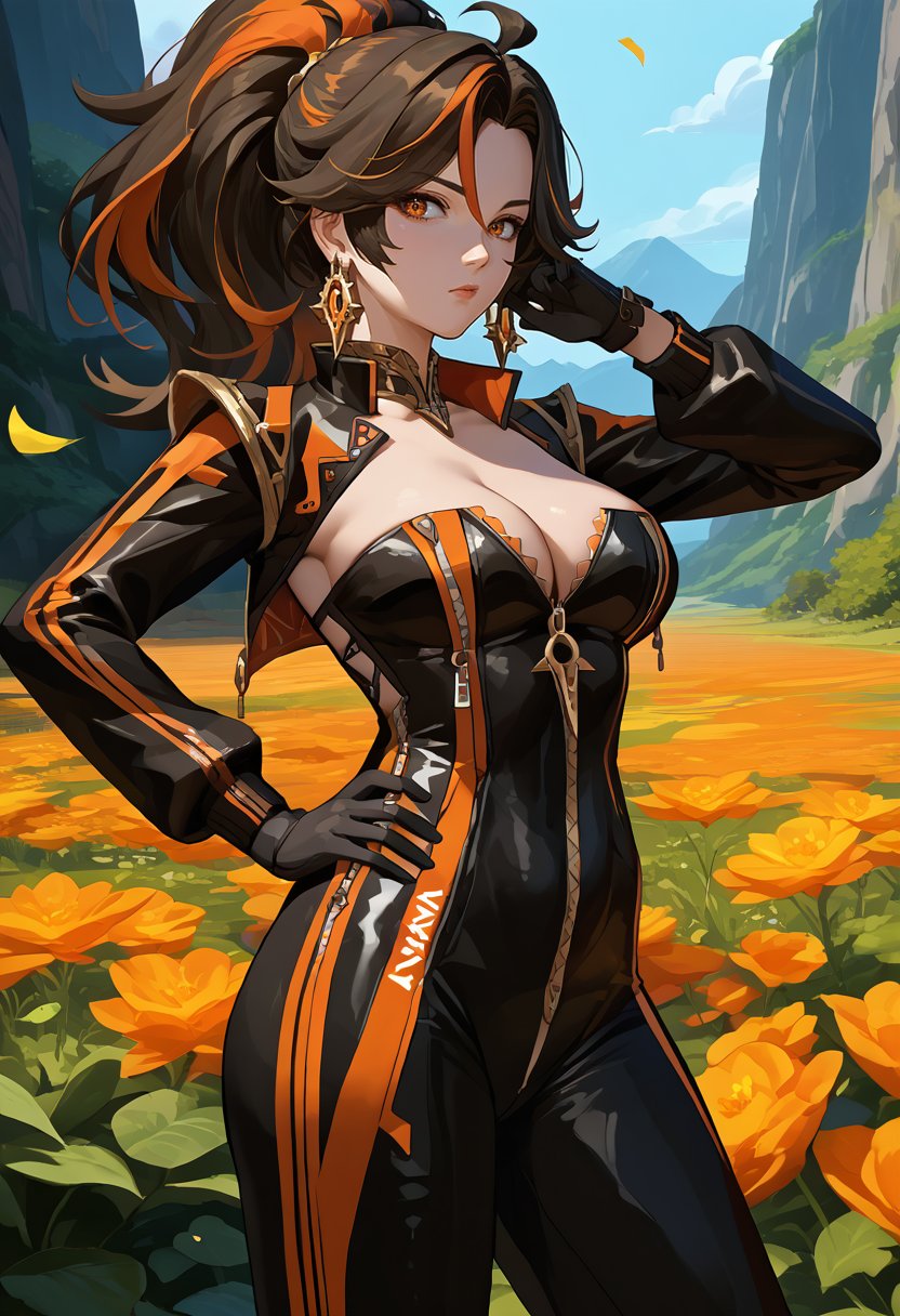 score_9, score_8_up, score_7_up, source_anime, solo, 1girl, zhuyuan, confused, looking at viewer, hand on own hip, ponytail, orange eyes, jewelry, earrings, choker, zipper, bodysuit, clothing cutout, black gloves, long sleeves, cleavage, large breasts, outdoors <lora:Mavuika_pdxl_Incrs_v1:1> <lora:zzz_zhuyuan_ponyXL:1>