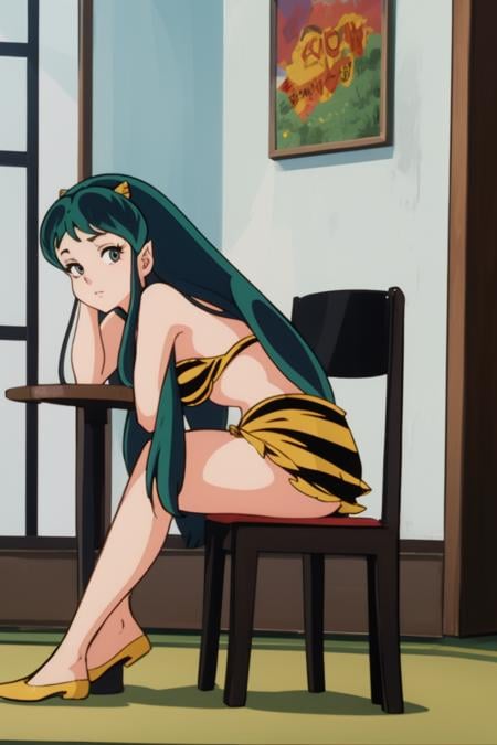 masterpiece, 8k,<lora:Urusei_Yatsura(original) lum:0.7> lum, oni horns, Sitting on the floor with legs apart and leaning back, Cat Café