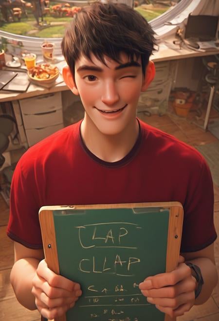 score_9, score_8_up, score_7_up, score_6_up, score_5_up, 1boy, tadashi_hamada, short hair, red shirt, wink, holding clapper board, look at viewer