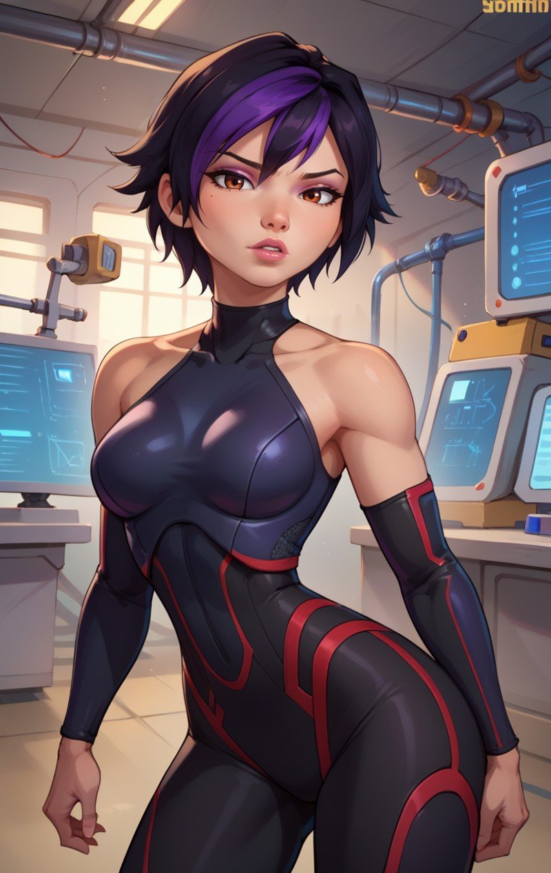 score_9, score_8_up, score_7_up, BREAK,  <lora:Gogotomago:0.8> gogotomago, 1girl, solo, looking at viewer, short hair, black hair, purple hair, bare shoulders, brown eyes, parted lips, lips, black bodysuit, skin tight, laboratory background, cowboy shot, standing pose, wide hips, medium breasts,