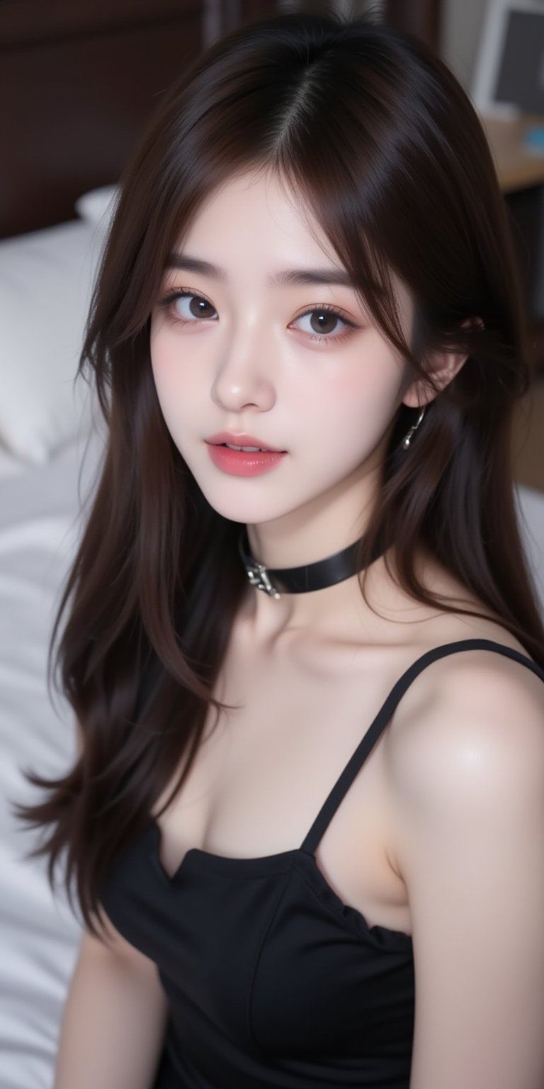 XSHDHa close-up shot of a young Asian woman with long dark brown haira black dressand a black choker around her neck. Her eyes are a piercing blueand her lips are a vibrant pink. The background is blurredand there is a bed in the background. <lora:lora.by_tusi (7):1>