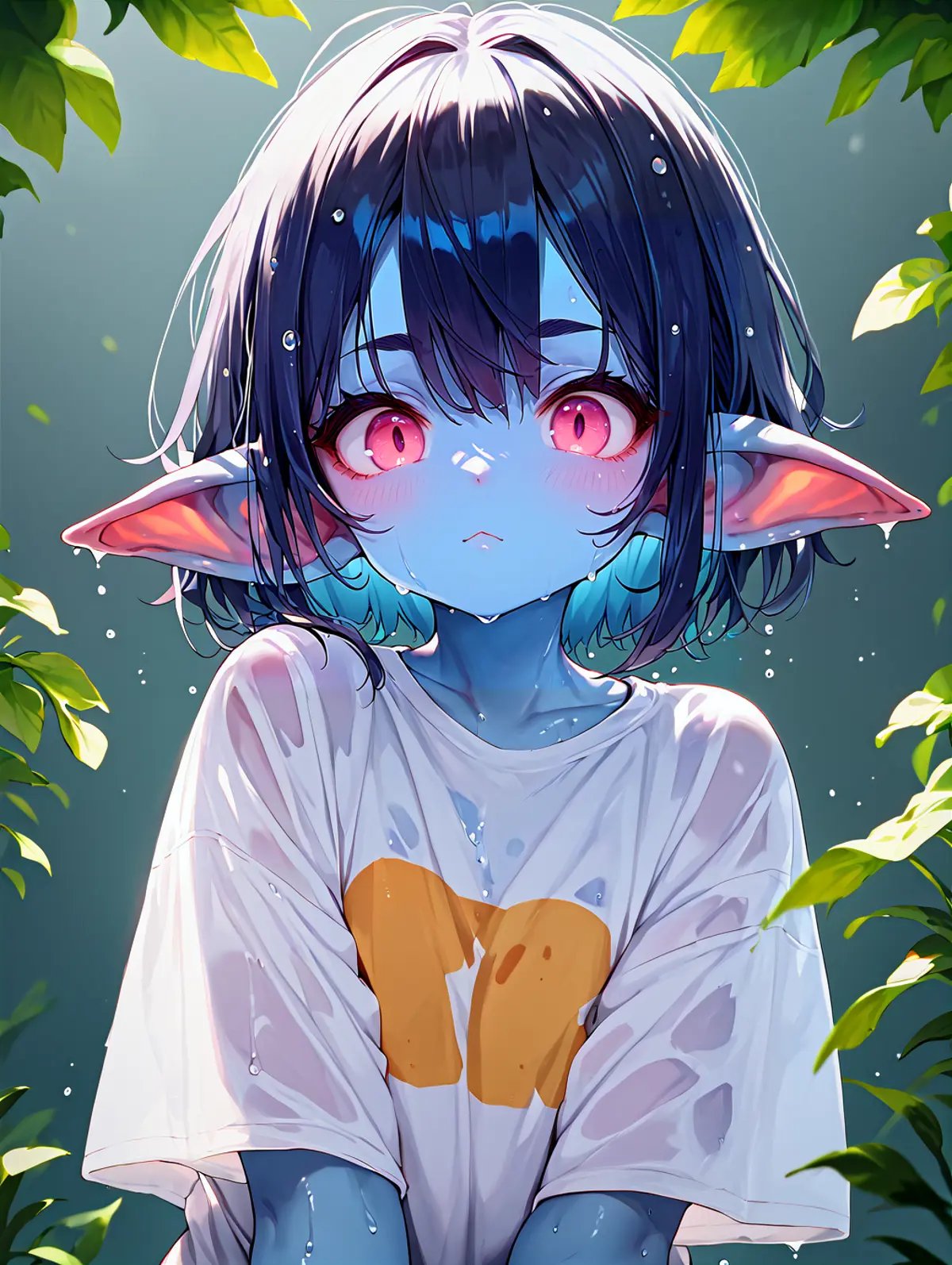 score_9, score_8_up, score_7_up, score_6_up, score_5_up, score_4_up, source_anime, cute face, 1girl, young, curvy chest, xxl shirt, goblin ears, dark and blue skin, dark blue hair, pink eyes, wet body