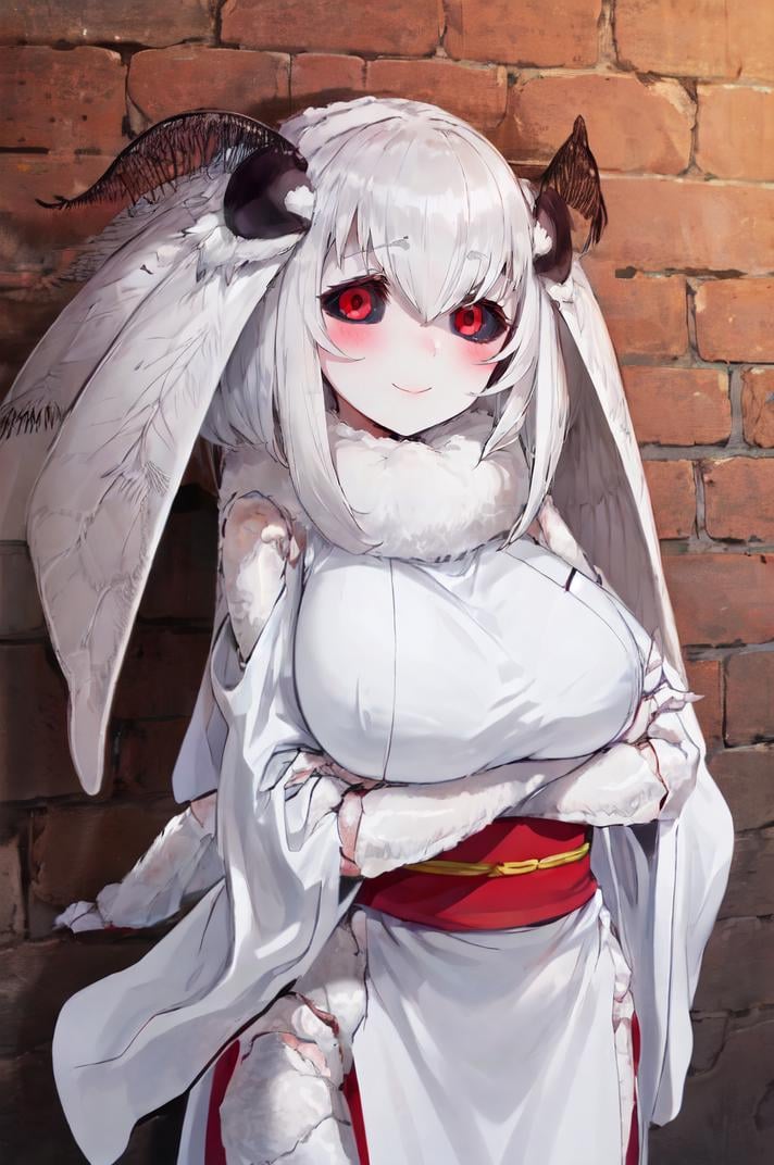 mashiro, white hair, medium hair, red eyes, (extra arms:1.4), joints, fewer digits, white skin, colored skin, colored sclera, black sclera,BREAK white kimono, red sash, obi, large breasts, side slit, light smile, blush, brick wall, empty eyesBREAK crossed arms, breast suppress <lora:mashiro-47:1>