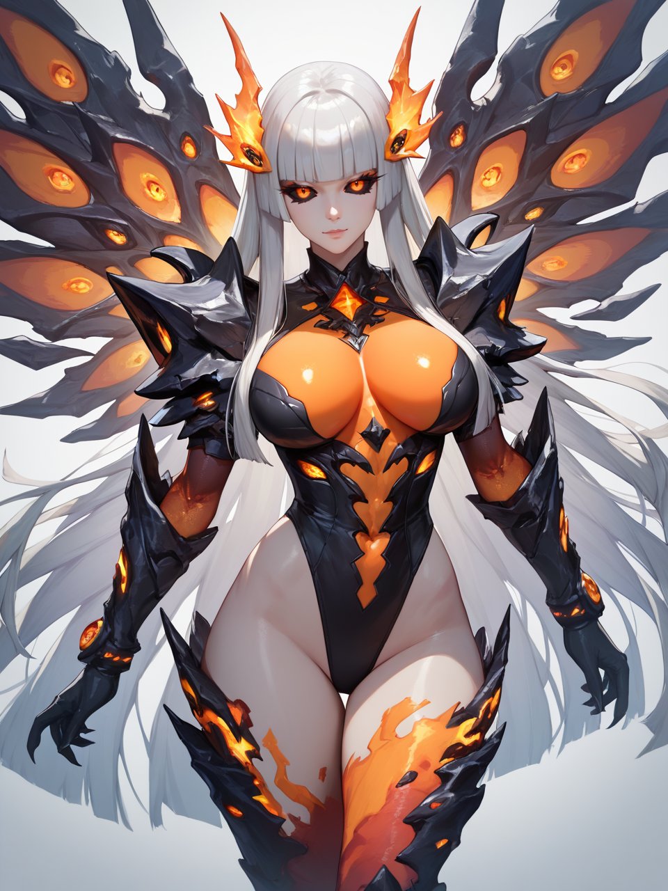 score_9,score_8_up,score_7_up,1girl,solo,best quality,highres,masterpiece,hime cut,LavaGolemMGE, white/grey hair, orange eyes,  large breasts, black sclera, colored sclera, monster girl,