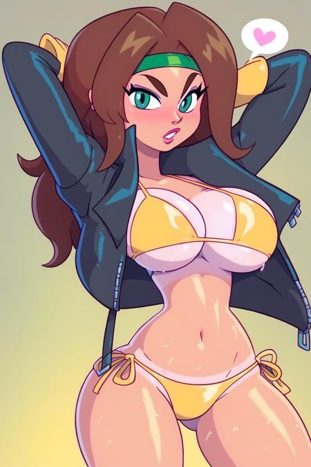 <lora:apple_xl:0.9>, score_9, score_8_up, score_7_up,score_6_up, score_5_up, score_4_up,kajin \(kajinman\),yellow bikini,navel,arm behind head,brown hair,side-tie bikini bottom,looking at viewer,arm up,green headband,gloves,green eyes,leather,spoken heart,large breasts,yellow gloves,breasts,cowboy shot,long hair,x-men: the animated series,jacket,marvel,heart,swimsuit