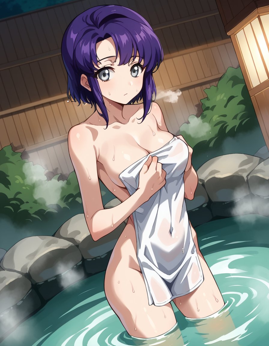 score_9, score_8_up, score_7_up, source_anime,cecilecroomy, <lora:cecile-croomy-s1-ponyxl-lora-nochekaiser:1>,cecile croomy, short hair, grey eyes, purple hair,nude, naked, outdoors, onsen, towel, naked towel, steam, bathing, nude cover, partially submerged, water, bath, steam censor, wet towel,looking at viewer, dutch angle, cowboy shot, solo,