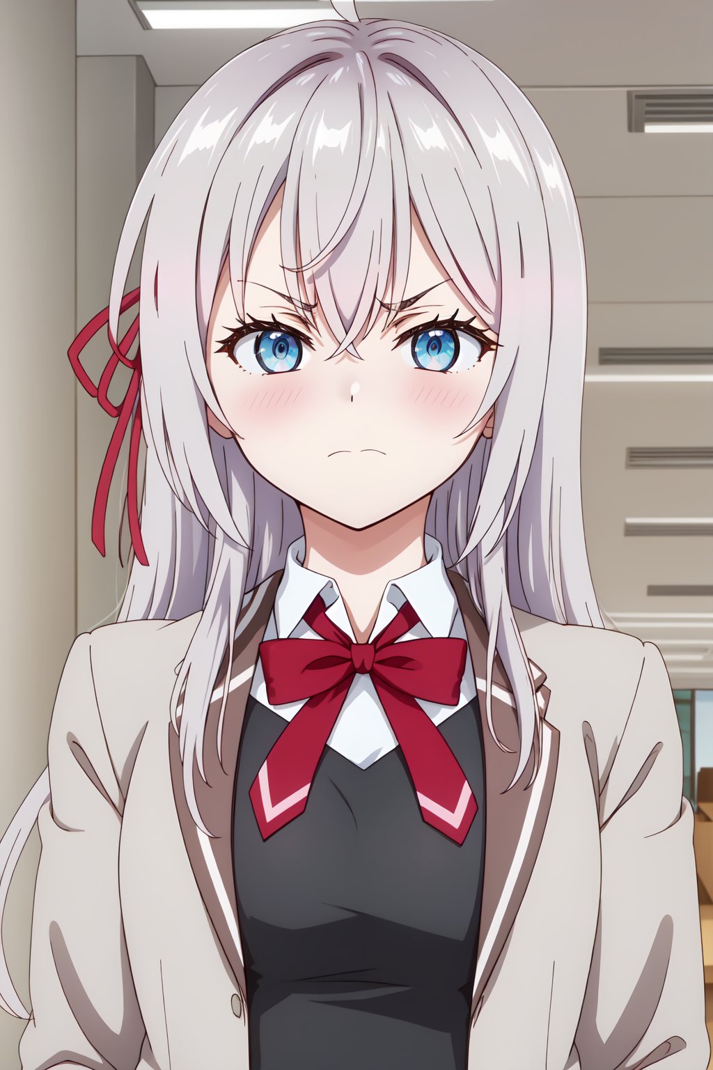 AlisaMikhailovna, 4k, absurd, high resolution, very high resolution, high definition, masterpiece, 1girl, solo, long hair, looking at viewer, blush, blue eyes, shirt, bow, ribbon, hair between eyes, closed mouth, school uniform, jacket, hair ribbon, white shirt, upper body, ahoge, grey hair, collared shirt, indoors, bowtie, red bow, red ribbon, v-shaped eyebrows, frown, blazer, red bowtie<lora:EMS-418017-EMS:0.800000>