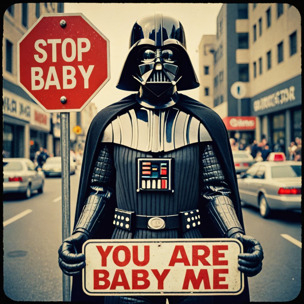 Star Wars analog film photo Photo of darth vader in matrix with a stop sign that says "you are baby me" . faded film, desaturated, 35mm photo, grainy, vignette, vintage, Kodachrome, Lomography, stained, highly detailed, found footage . Space opera, galaxy far, far away, epic, iconic, cinematic, highly detailed