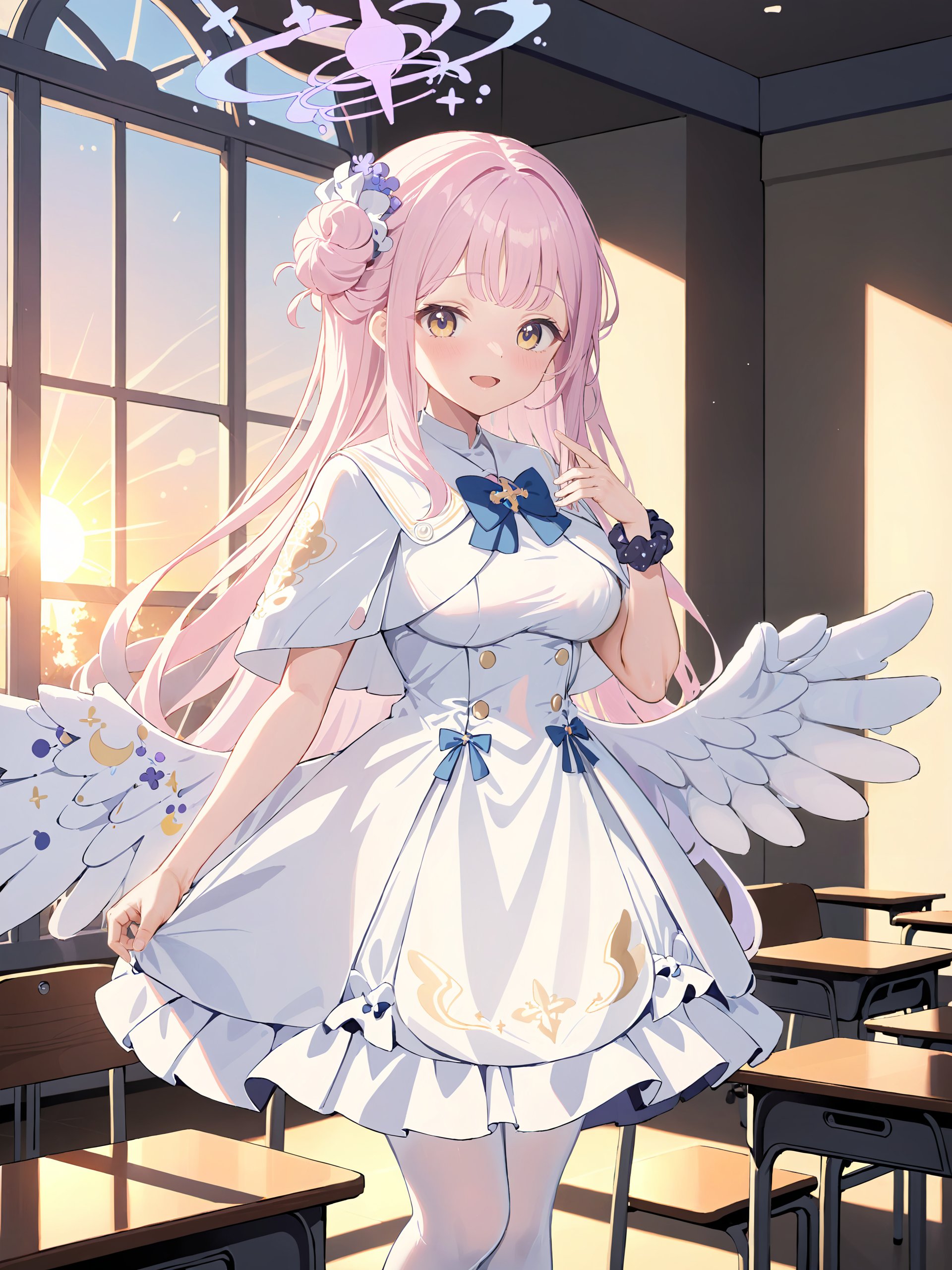 1girl, mika \(blue archive\), solo, halo, wrist scrunchie, low wings, hair flower, white dress, single side bun, white pantyhose, capelet, blue bowtie, standing, cowboy shot, looking at viewer, smile, open mouth, sunset, classroom, window, backlighting, depth of1girl, mika \(blue archive\), solo, halo, wrist scrunchie, low wings, black pumps, hair flower, white dress, single side bun <lora:Char-BlueArchive-Mika-XL-V1:0.8>, masterpiece, best quality, perfect features, intricate details, ray tracing, very aesthetic, (hitenkei, askzy:0.4)