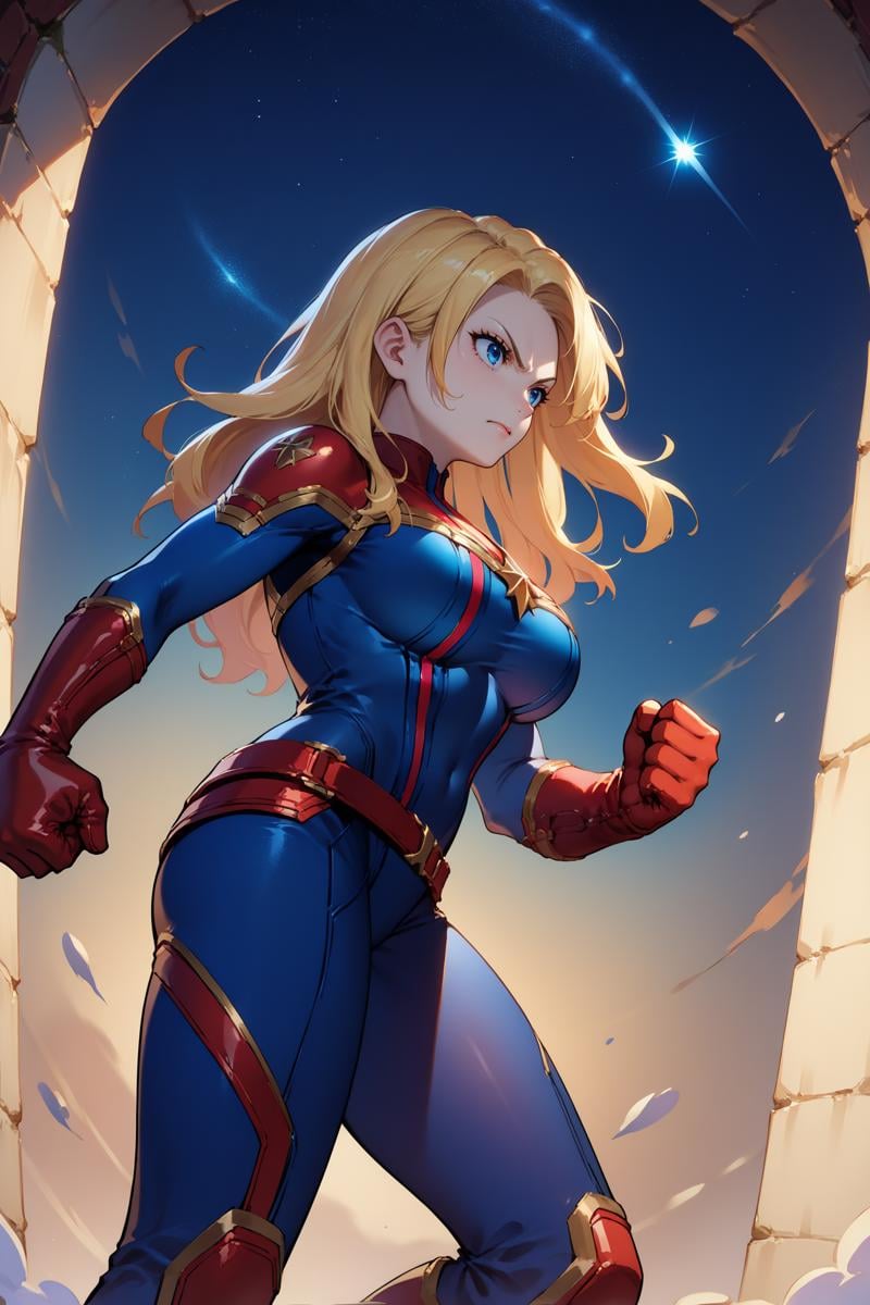 score_9, score_8_up, score_7_up, score_6_up, source_anime, 1girl, solo, <lora:cptmarvel-pdxl-nvwls-v1-000006:1> cptmvl, blonde hair, long hair, blue eyes, large breasts, red and blue bodysuit, red gloves, belt, from below, from side, clenched hand, night sky, night, midair, wide shot, full body