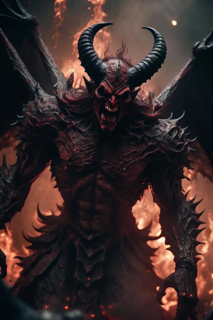 Horror-themed cinematic film still,a horrifying red-skinned male demon king, (full body portrait:1.3), (detailed monstrous evil face:1.4), screaming, wide spread bat like wings, (detailed scaly skin texture:1.2), long curved horns, (in hell, swirling tormented souls, billowing smoke:1.5), black spiky armor,, shallow depth of field, vignette, highly detailed, high budget, bokeh, cinemascope, moody, epic, gorgeous, film grain, grainy . Eerie, unsettling, dark, spooky, suspenseful, grim, highly detailed