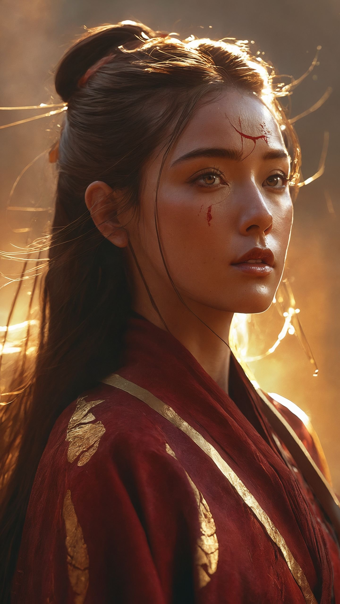 ultra high resolution,(((masterpiece))),(((best quality))),((super detailed)),((extremely delicate and beautiful)),cinematic light,detailed environment,(real),(1girl, solo, male focus:1.3),(holding sword:1.2),(dark red and light gold:1.3),(hair pulled back, floating hair:1.1),designed by greg manchess,smoke,a model woman,bright eyes,glossy lips,futuristic gold face war paint,trending on art station,photoreal,8 k,octane render by greg rutkowski,art by Carne Griffiths and Wadim Kashin,in the style of Dau-al-Set,Pollock,and inspired by MAPPA and Zdzislaw Beksinski,hanfu,